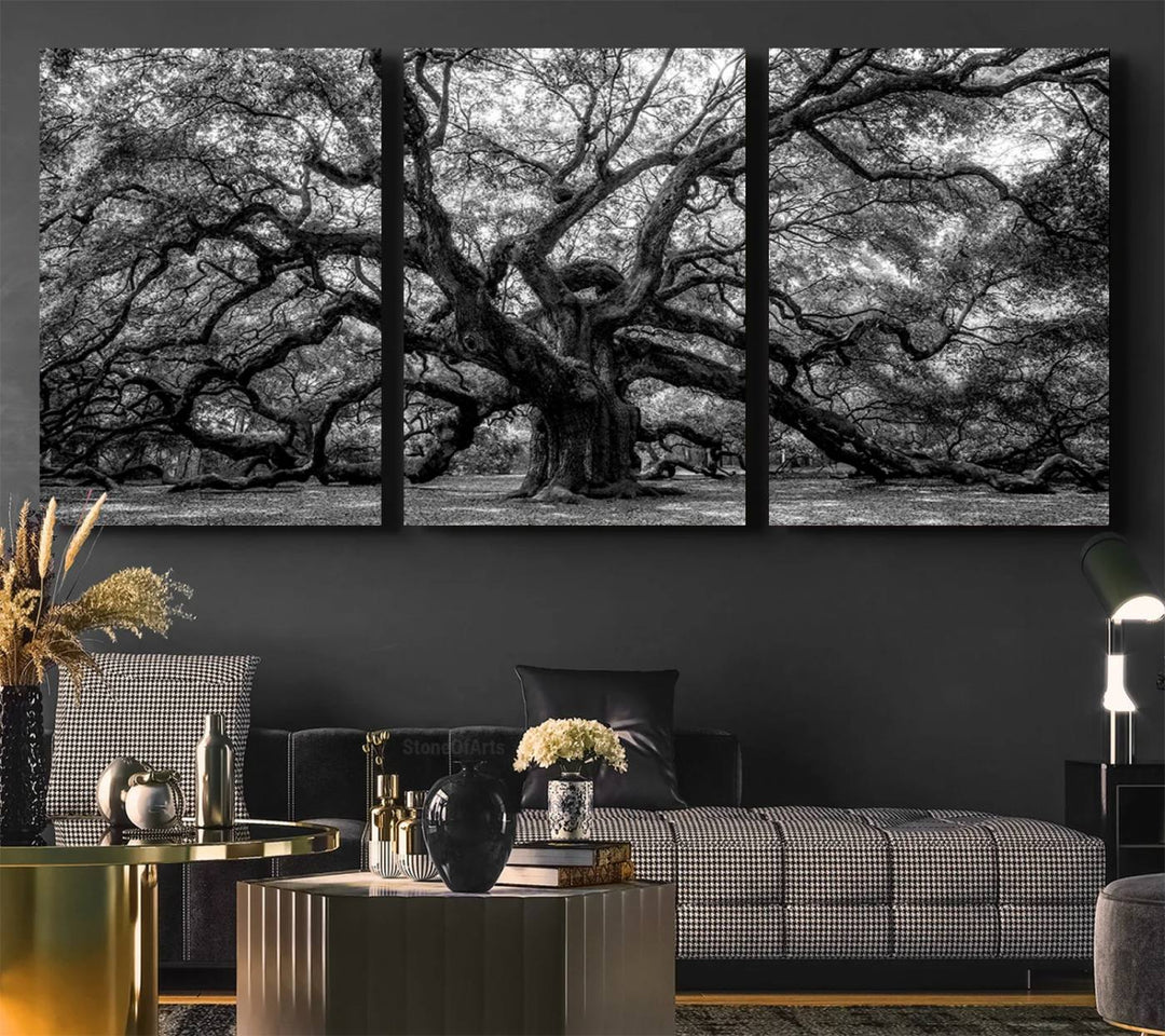 The Black and White Old Angel Oak Tree Canvas Print enhances the modern dining room.