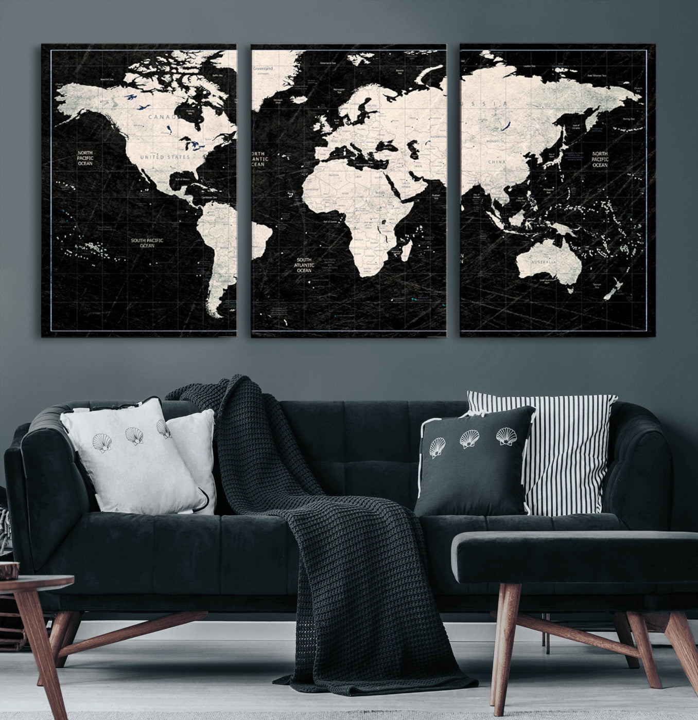 N50Black-MGV-CV-60X30-3P-Push Pin World Map Canvas Print – Framed Travel Map Wall Art for Couples, Anniversary Gift, Track Adventures at Home or Office Decor