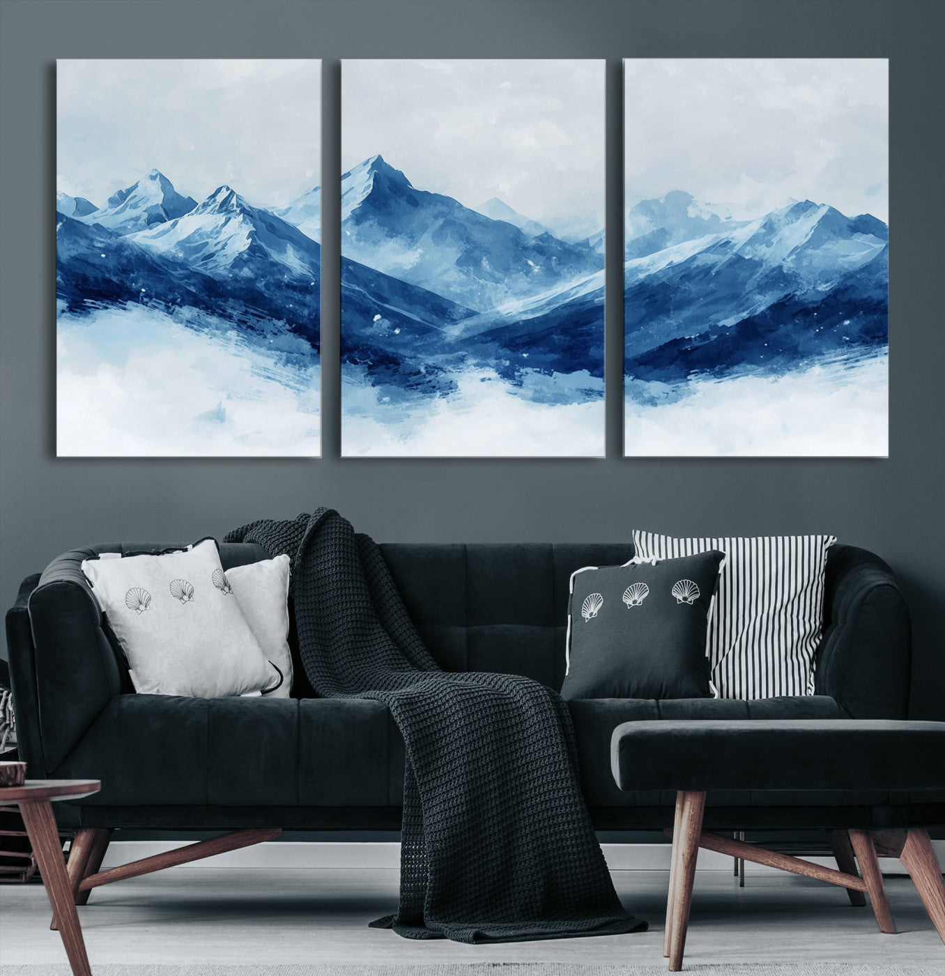 Peaceful watercolor-style painting of snowy blue mountains in soft tones, perfect for winter-themed or minimalist wall decor.