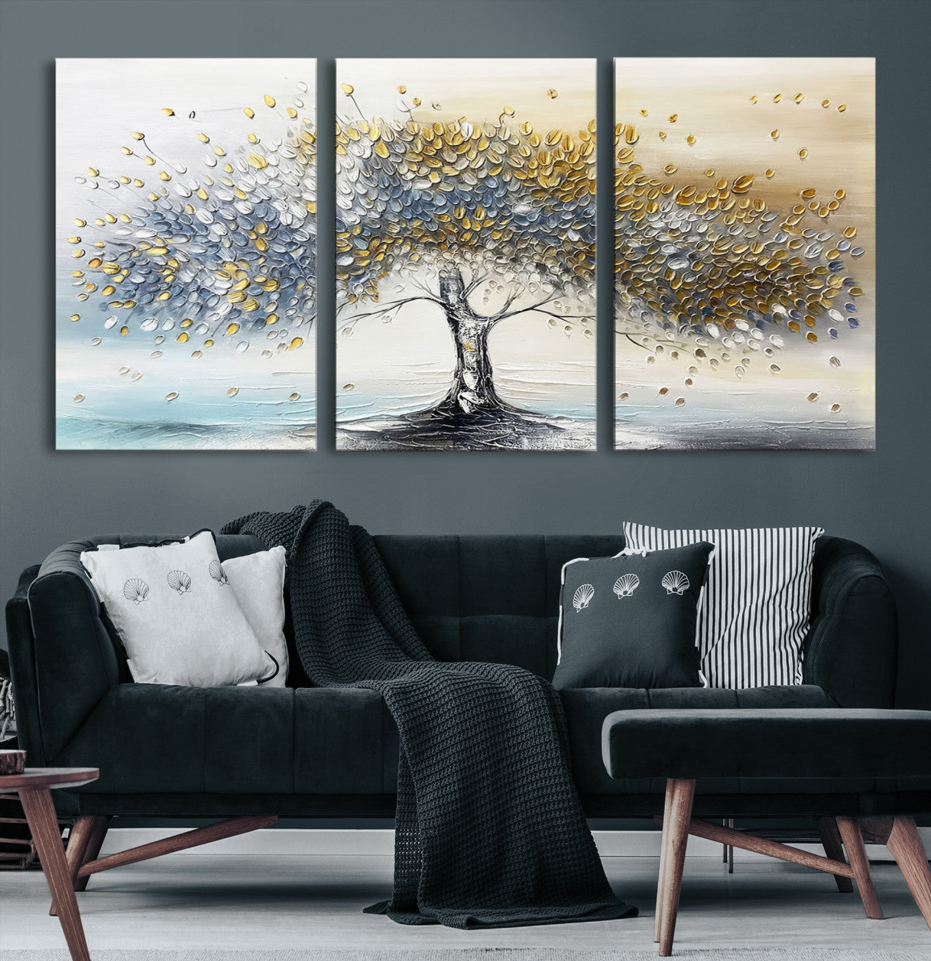 24771-MGV-CV-48X32-3P-Silver Tree Wall Art – Framed Golden Leaves Canvas Artwork, Metallic Nature Design, Elegant Modern Decor for Home, Office