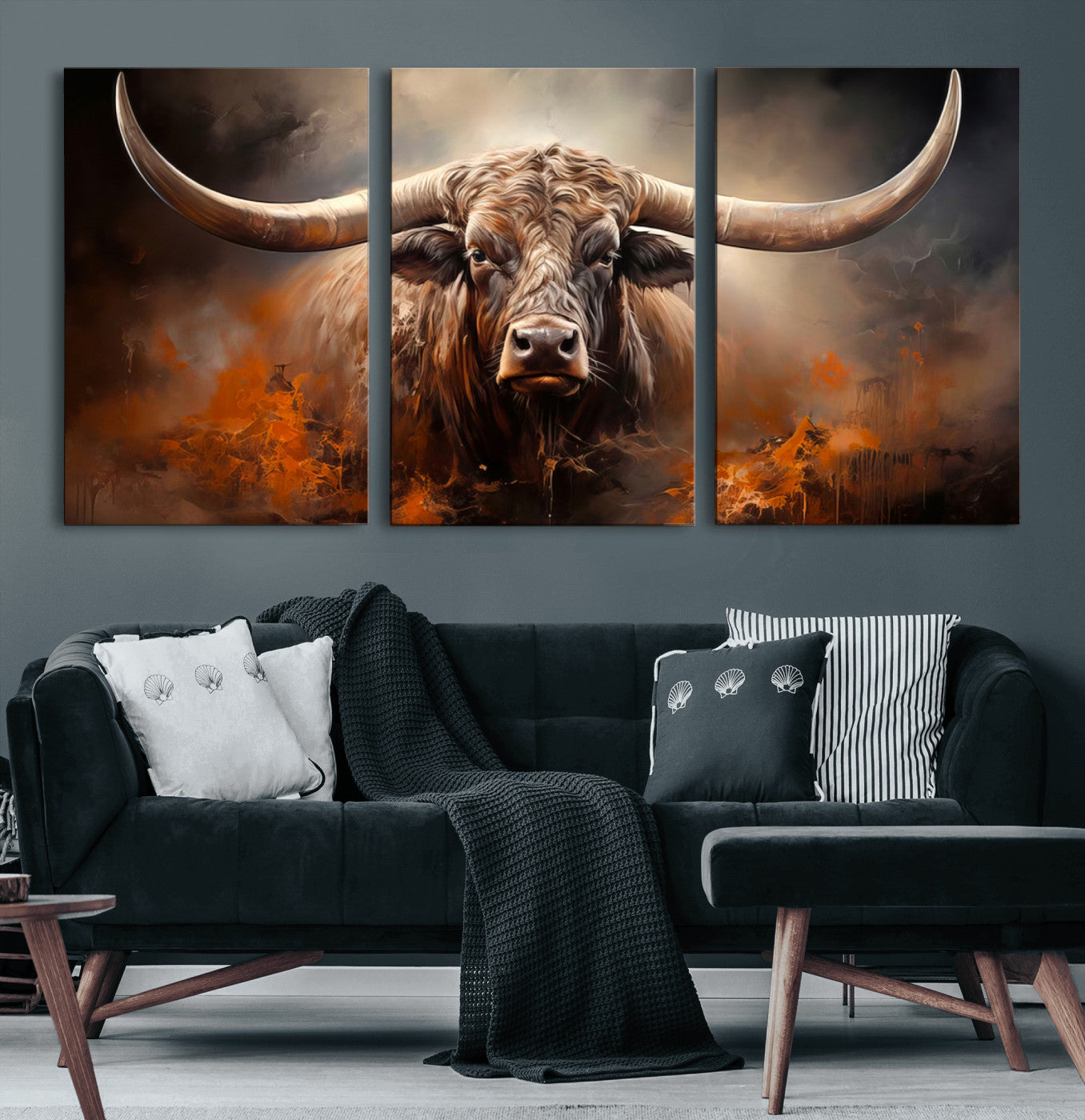 240479-MGV-CV-60X30-3P-Highland Bull Canvas Abstract Canvas Wall Art Print – Powerful Highland Bull with Striking Horns in