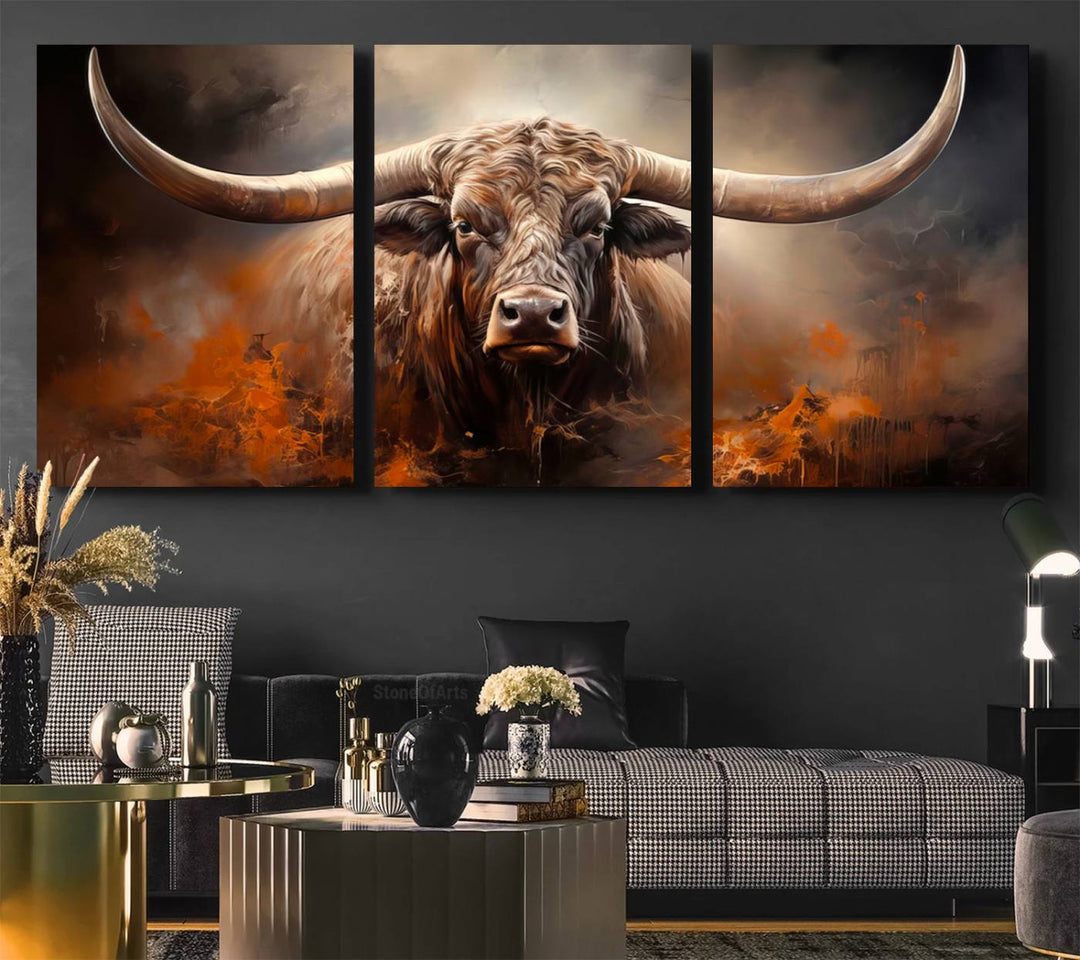 A Highland Bull with striking horns is depicted in a fiery abstract style on a ready-to-hang wall art canvas, evoking strength.