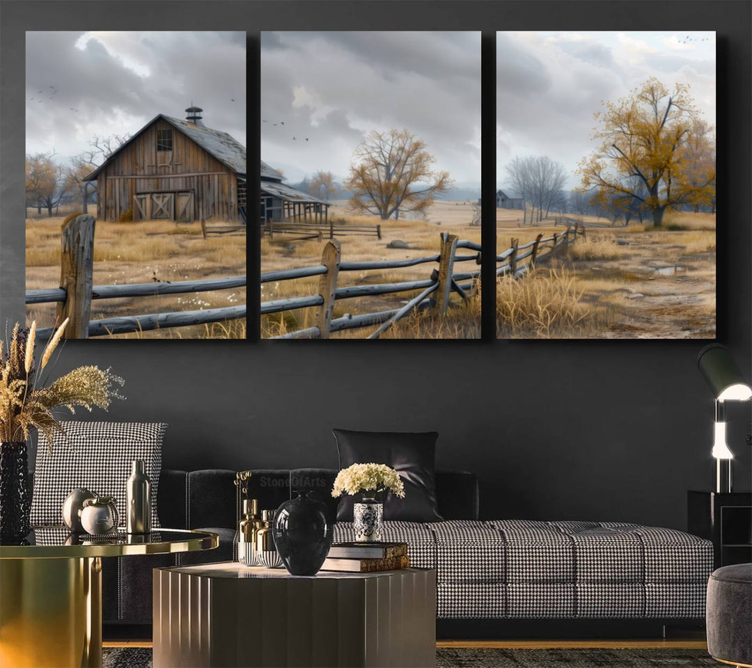 Rustic Autumn Farmhouse Wall Art – Weathered Barn & Trees Canvas Print, featuring a serene scene with birds in the sky. This piece is ready to hang.