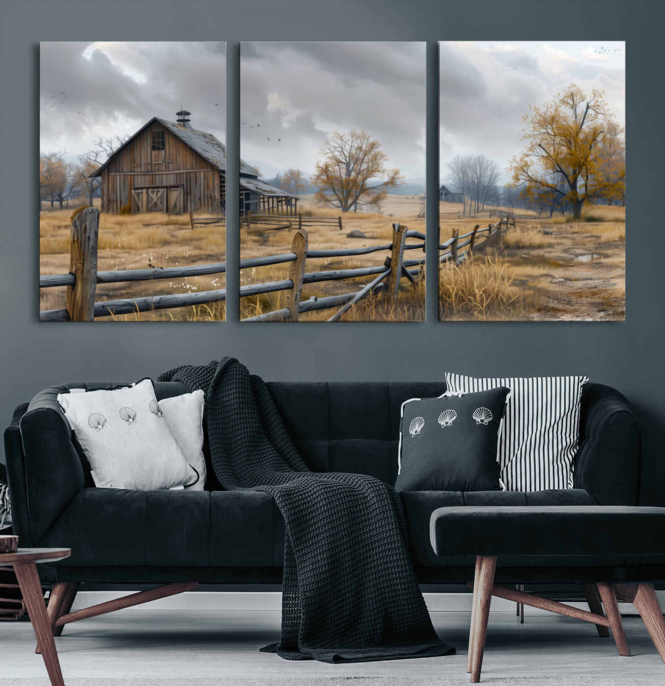 MGV-CV-60X30-3P - Rustic Autumn Farmhouse Wall Art Canvas Print – Serene Countryside Scene with Weathered Barn and