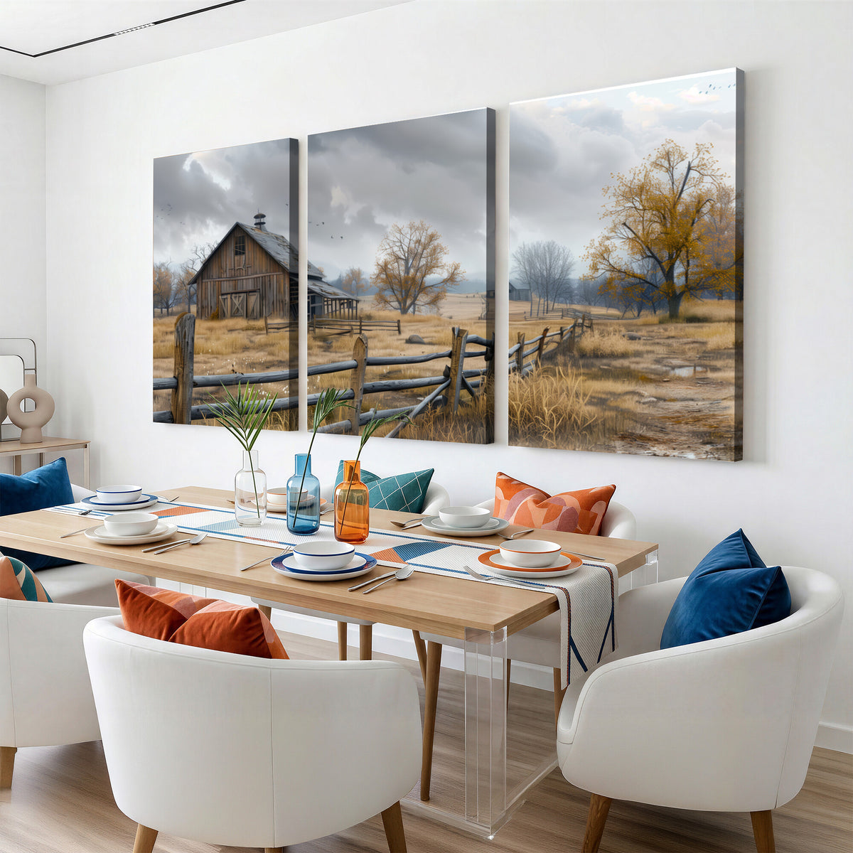 Farm1-MGV-CV-36X24 - Rustic Autumn Farmhouse Wall Art Canvas Print | Serene Countryside with Weathered Barn