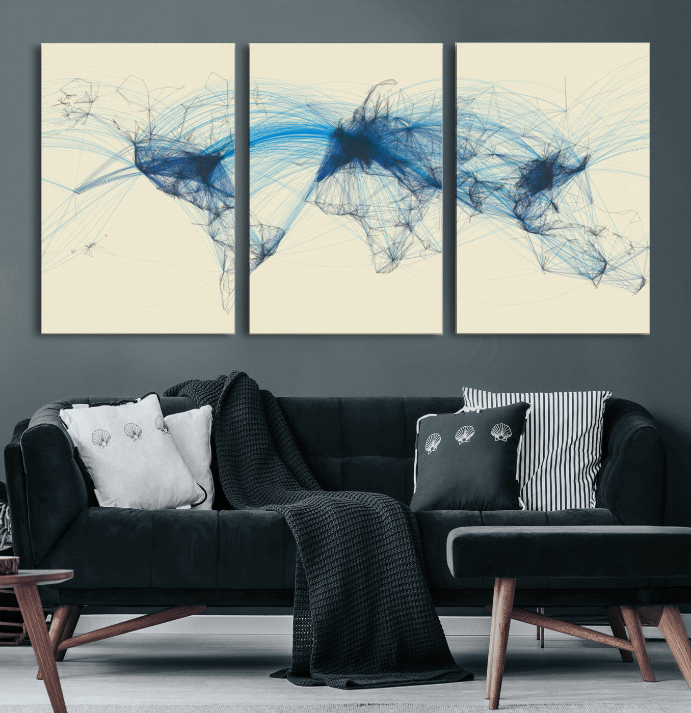 Map-Blue-Contract-MGV-CV-60X30-3P-Flight Routes Map Art – Modern Air Traffic World Map Canvas Print with Blue Connections, Framed Wall Art for Office or Home Decor