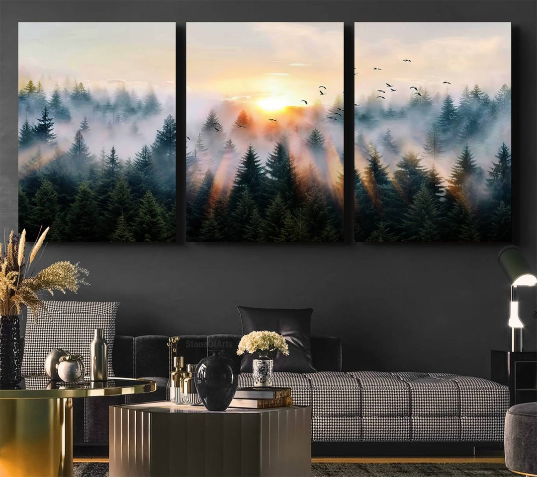 Sunrise over a misty forest with rays filtering through trees in the Abstract Forest Wall Art featuring soaring birds.