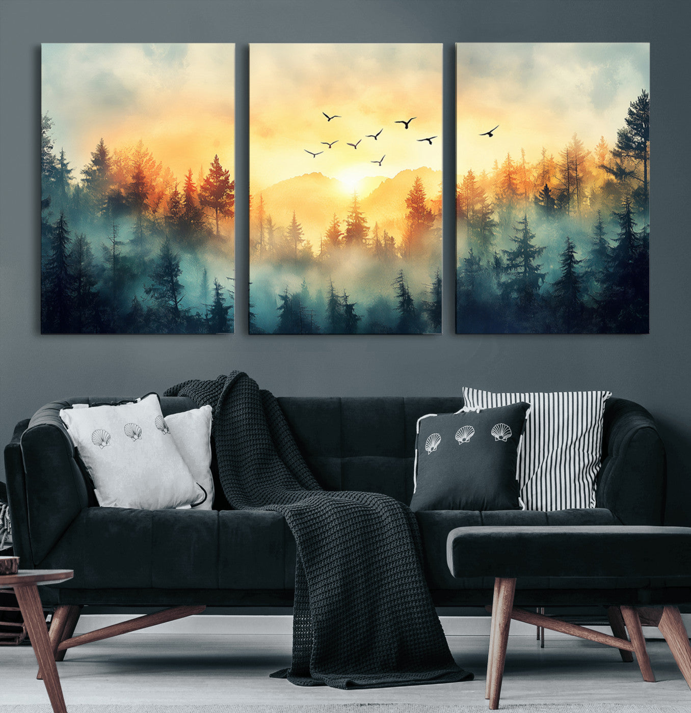 FRSABS2-MGV-CV-60X30-3P-Abstract Forest Wall Art Print- Serene Nature Canvas Print with Misty Forest Design for Modern Home