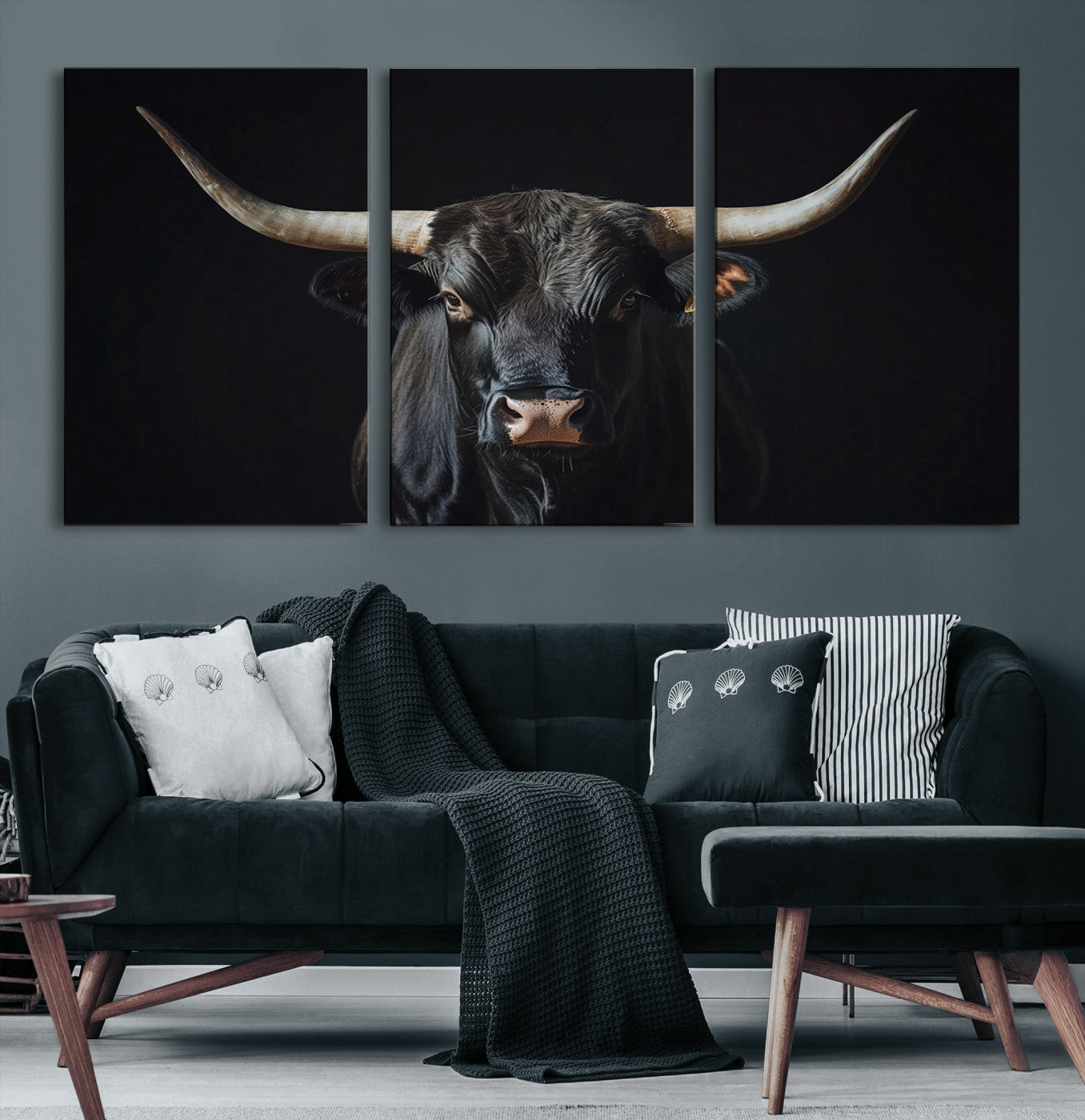 Canvas of a black longhorn bull against a dark background, featuring moody tones and western character for rustic or cowboy-inspired spaces.