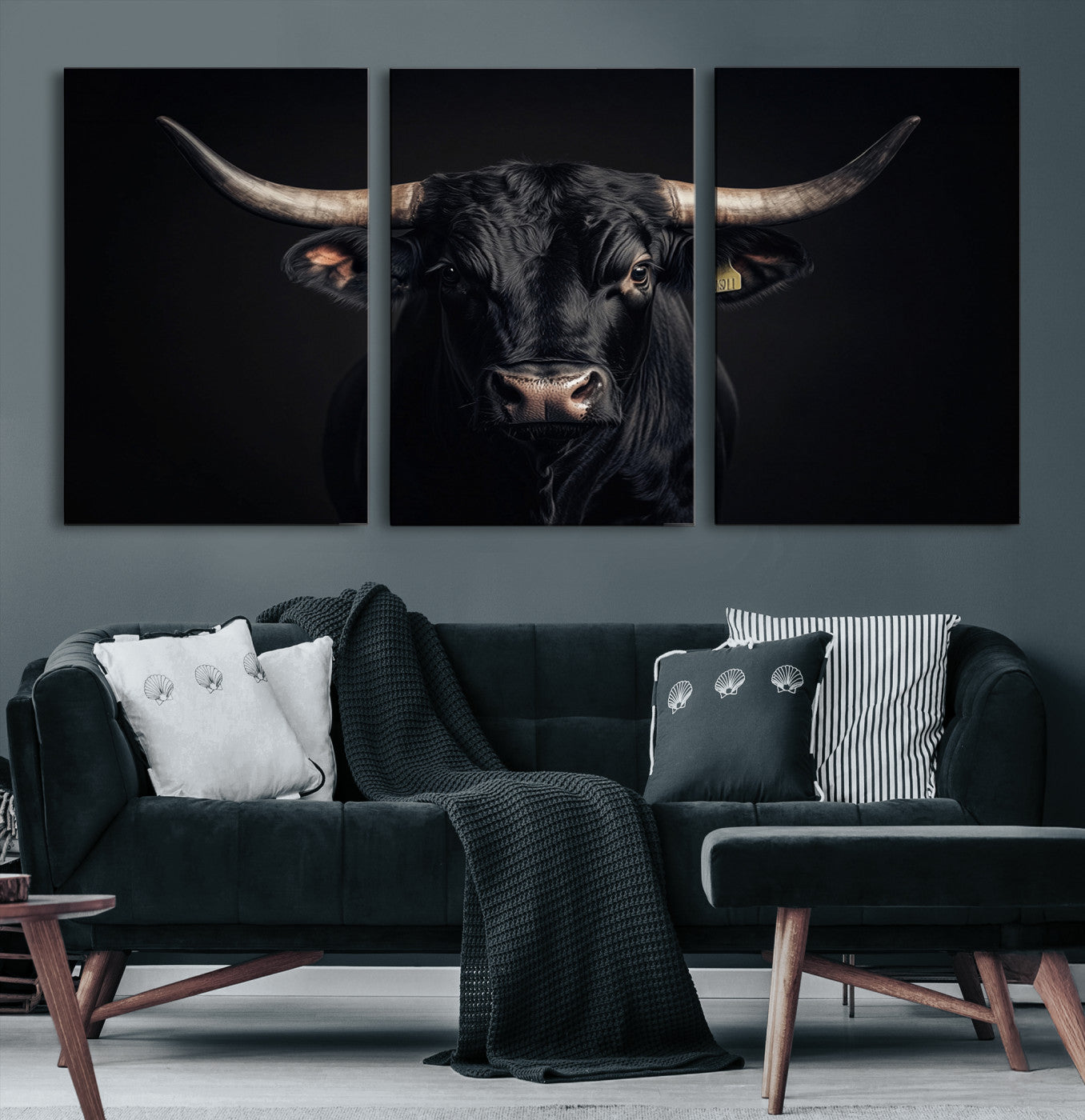 Canvas featuring a black horned bull in moody lighting on a dark background, perfect for western or rustic farmhouse-style home decor.