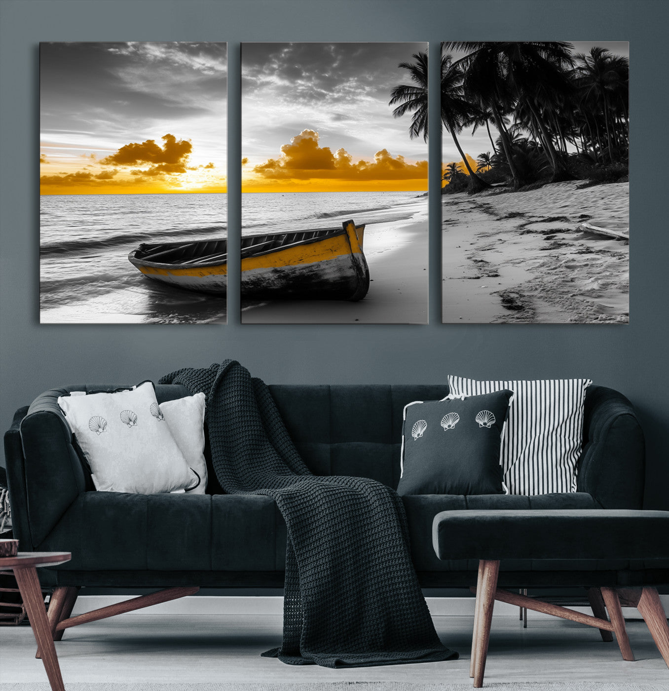 Canvas of a yellow rowboat on a black and white tropical beach with golden sunset sky, ideal for coastal or tropical-themed home decor.
