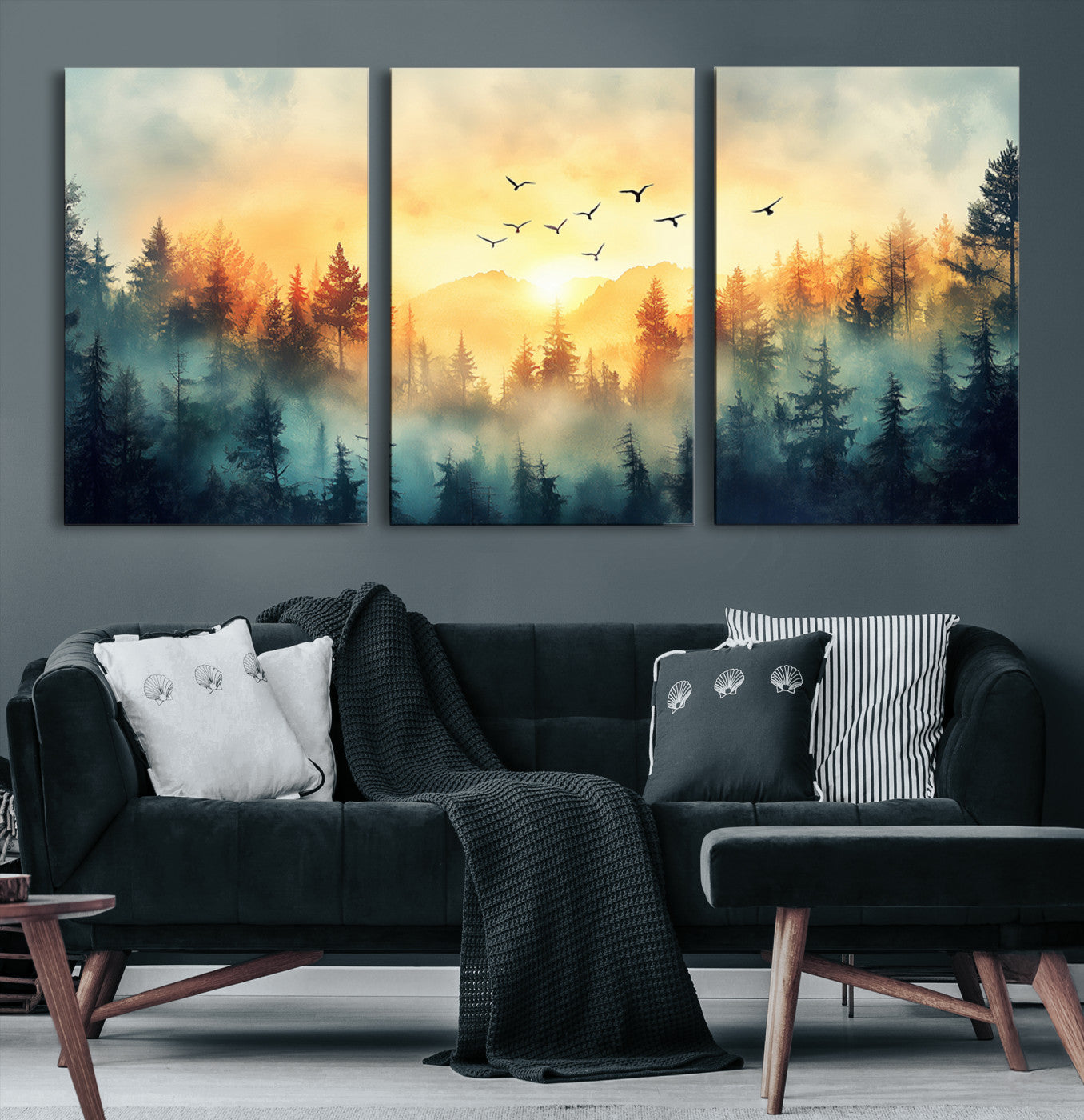 Canvas of a misty pine forest at sunrise with golden light and birds flying across the sky, perfect for tranquil nature-themed wall decor.