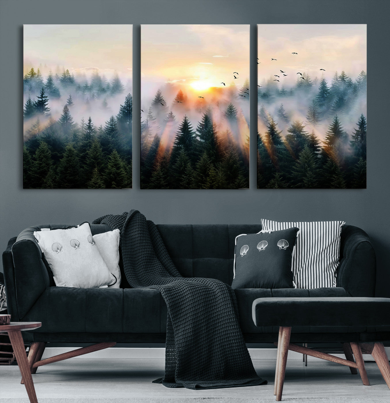 Canvas of a misty pine forest at sunrise with birds flying through golden morning rays, perfect for serene and moody woodland-style home decor.