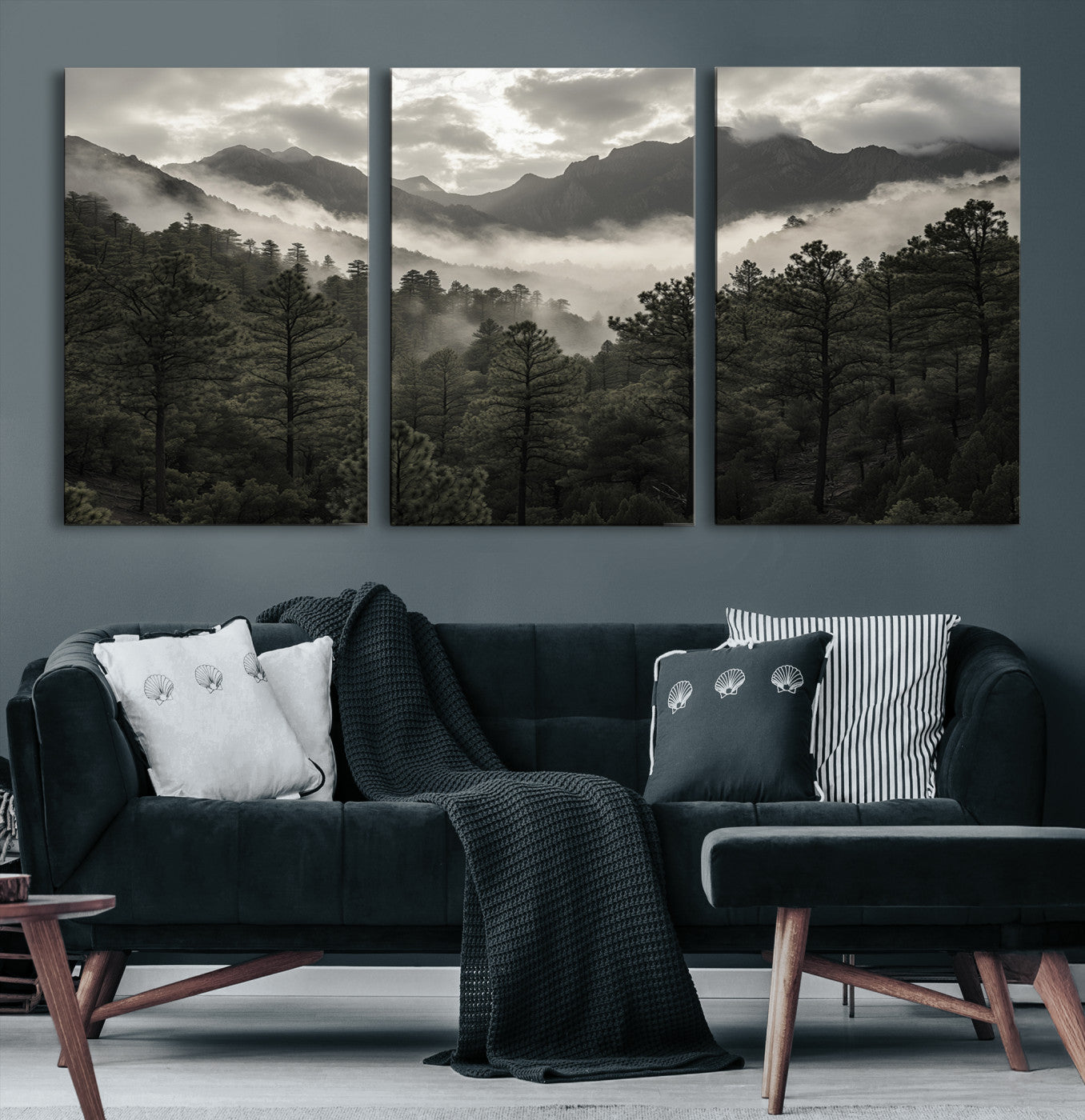 Canvas of moody pine forest and foggy mountain peaks under overcast skies, ideal for calm and rustic woodland-themed home decor.