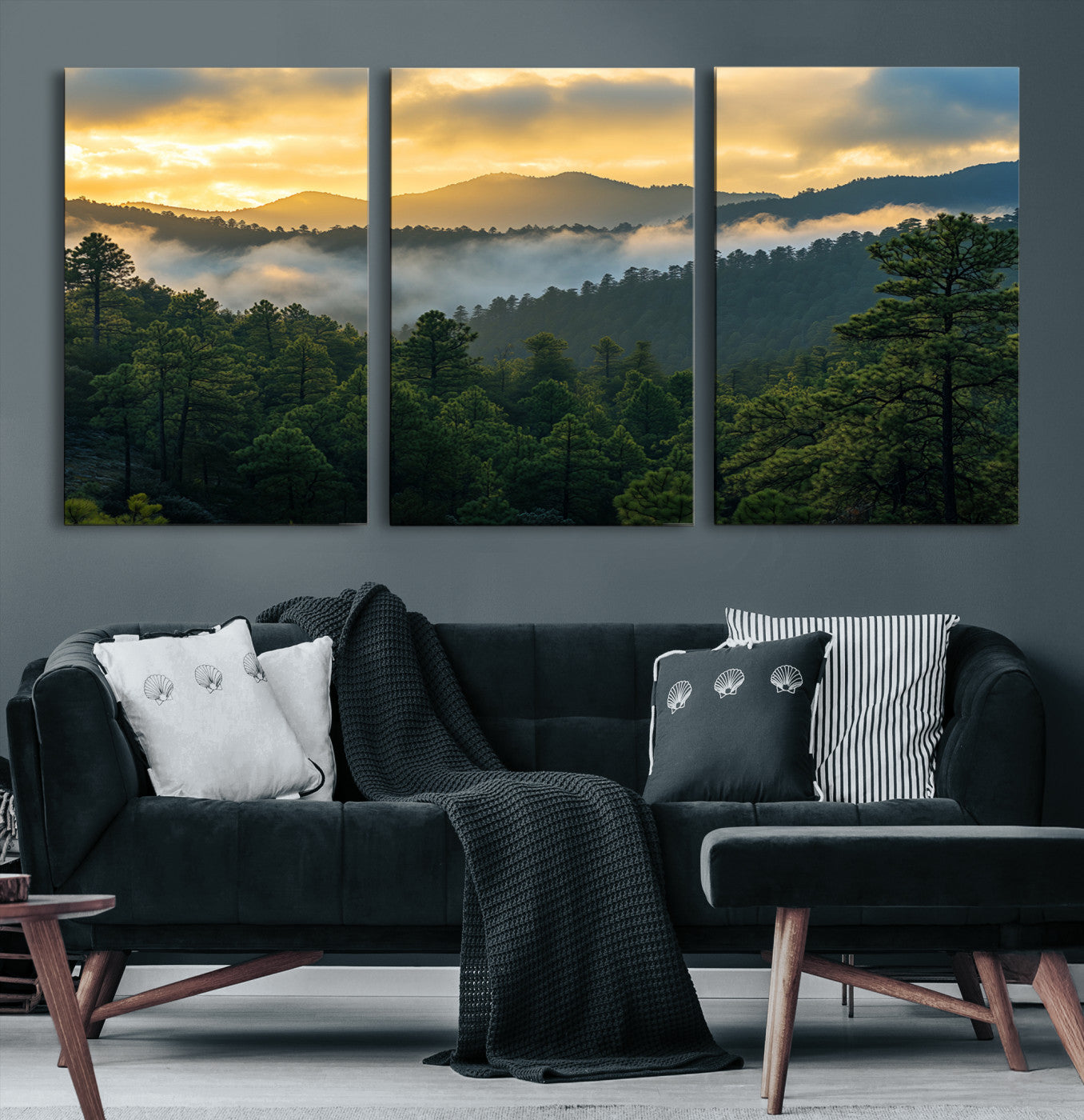 Canvas of misty pine-covered mountains at sunrise, featuring golden light and fog layers, ideal for tranquil earthy home decor.