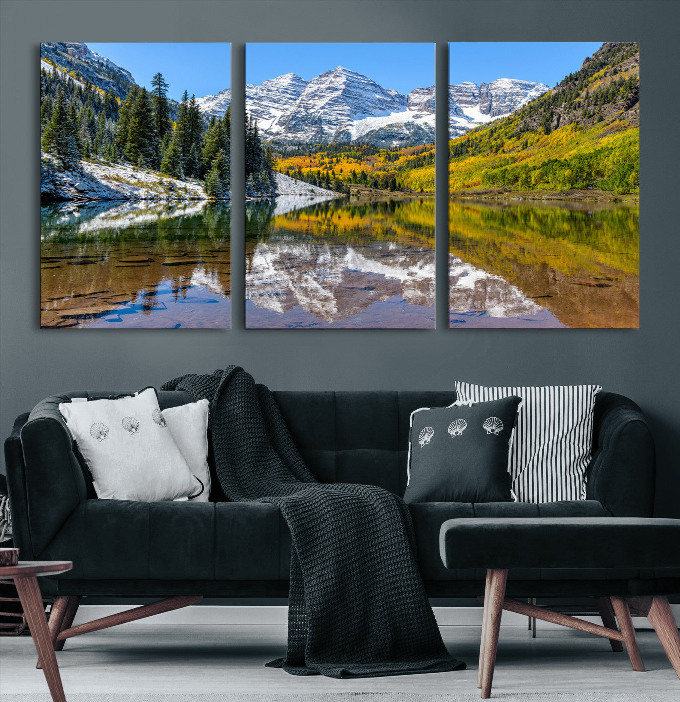 Canvas of Maroon Bells reflected in a clear alpine lake, with golden aspens and snowy peaks, ideal for crisp autumn or mountain-themed decor.