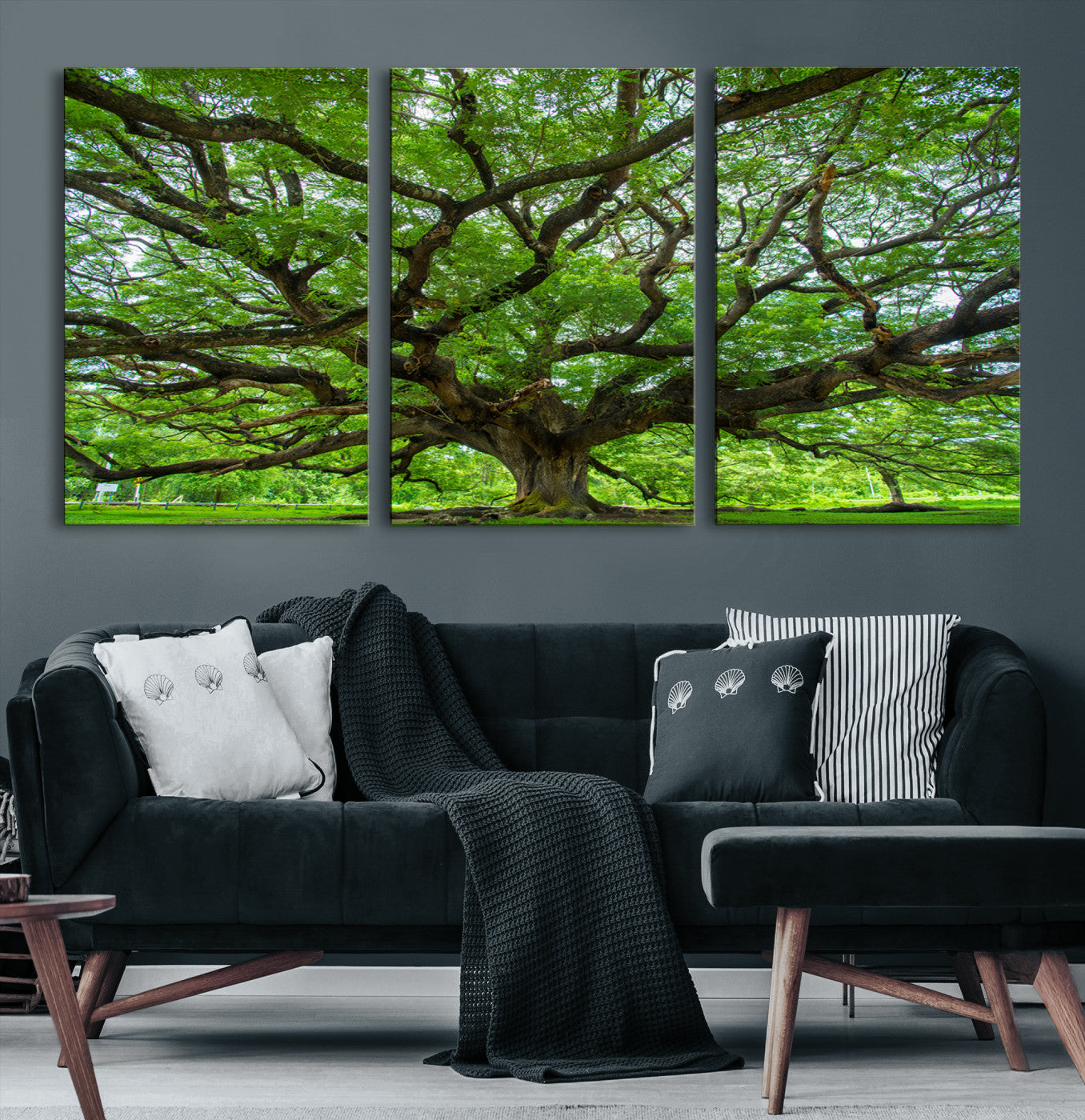 Canvas of an ancient tree with sprawling branches and vibrant green foliage, perfect for earthy, nature-inspired home decor.