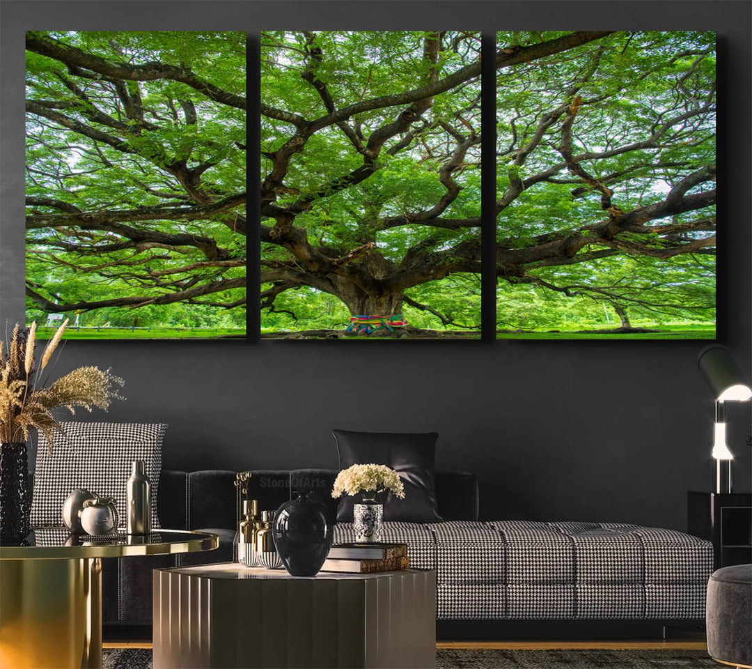 Framed Angel Oak Tree print featuring sprawling branches and ribbons against a clear sky backdrop, ideal for home or office decor.