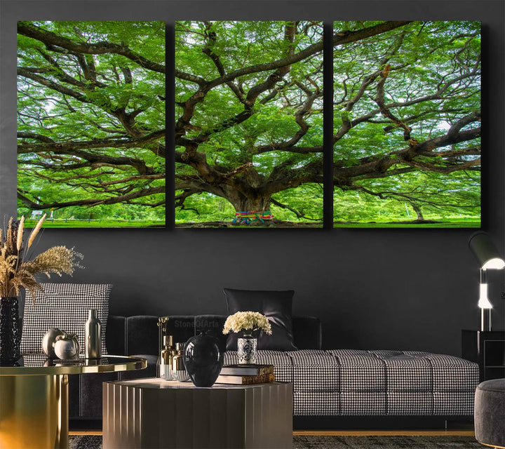 Framed Angel Oak Tree print featuring sprawling branches and ribbons against a clear sky backdrop, ideal for home or office decor.