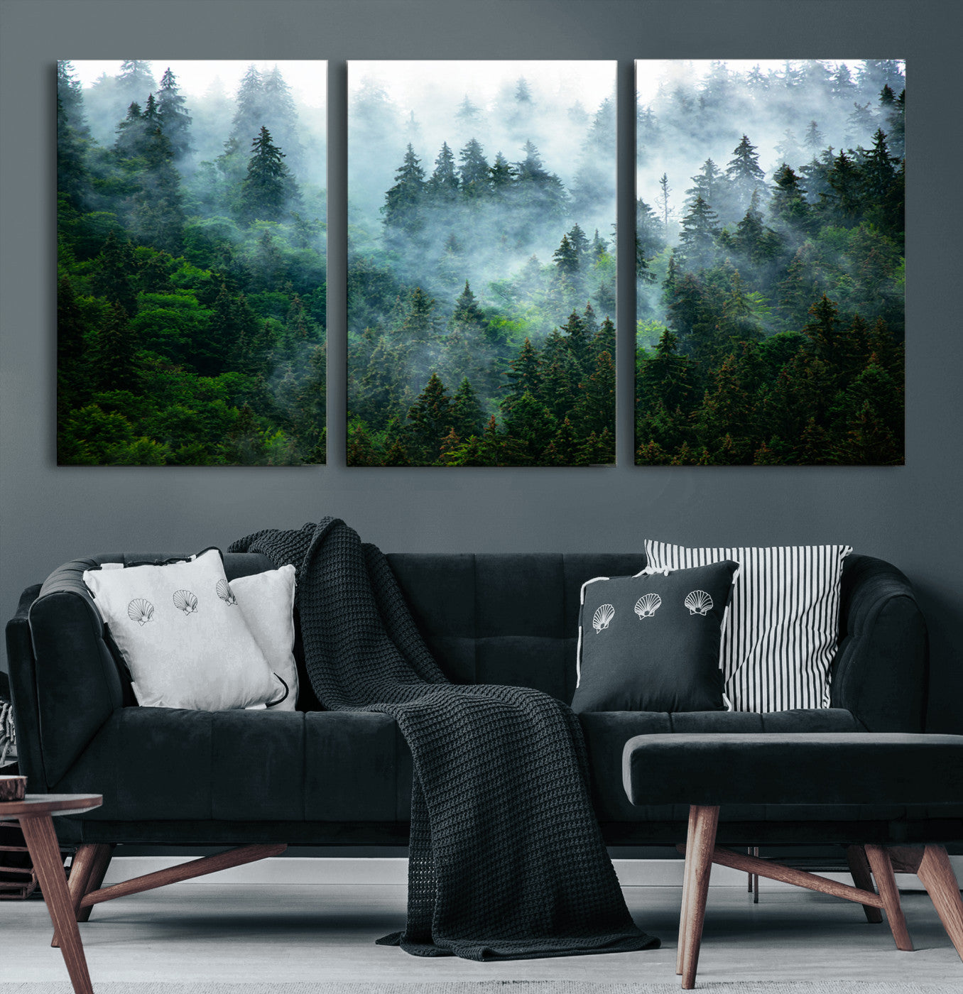 17393683-MGV-CV-60X30-3P-Misty Forest Wall Art Canvas Print – Framed Foggy Mountain Scene with Serene Nature Artwork for Home, Office, Living Room