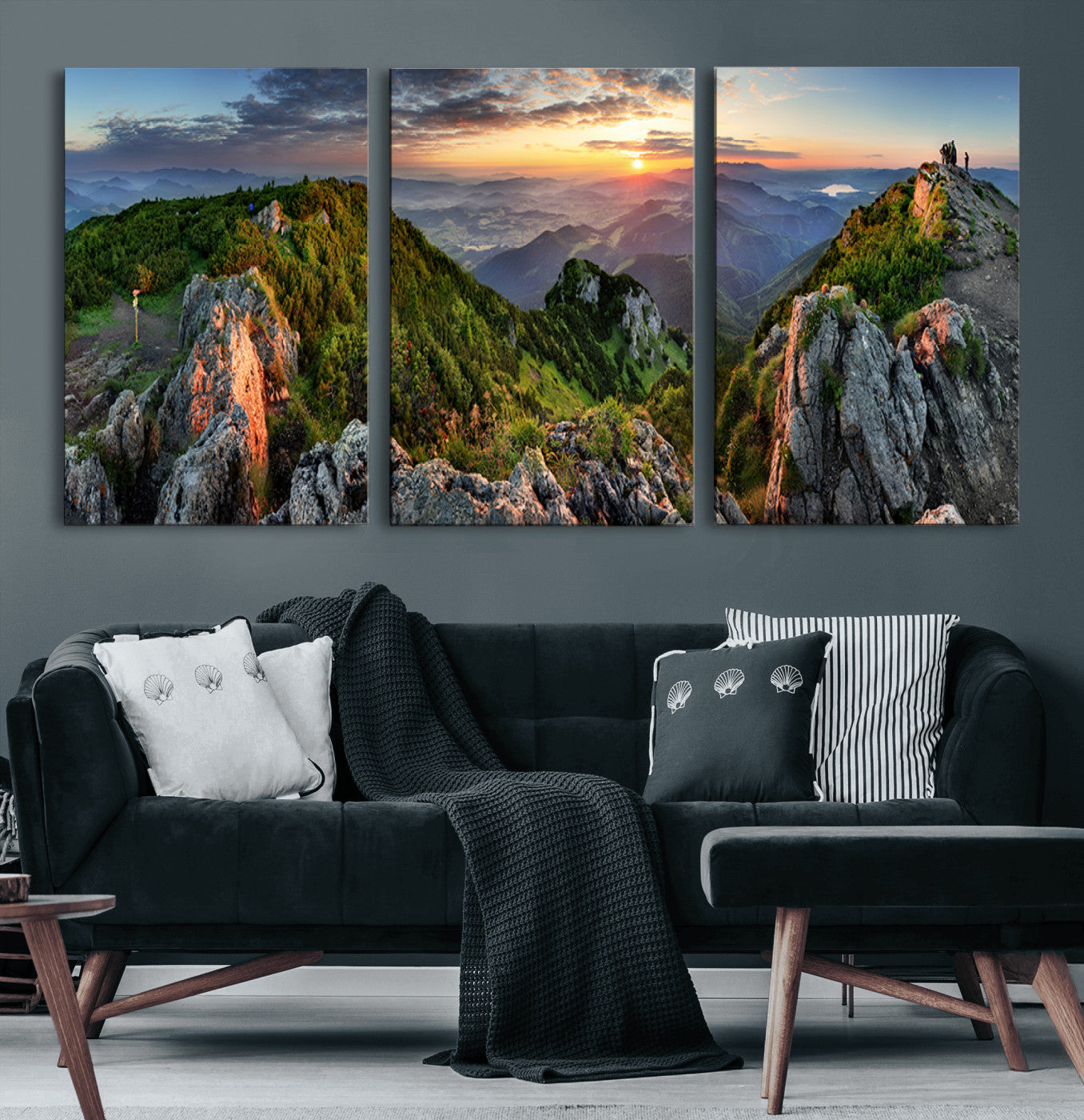 51582565-MGV-CV-60X30-3P-Mountain Sunset Panoramic Wall Art Canvas Print – Framed Scenic Wilderness Scene with Majestic Summit Artwork for Home, Office