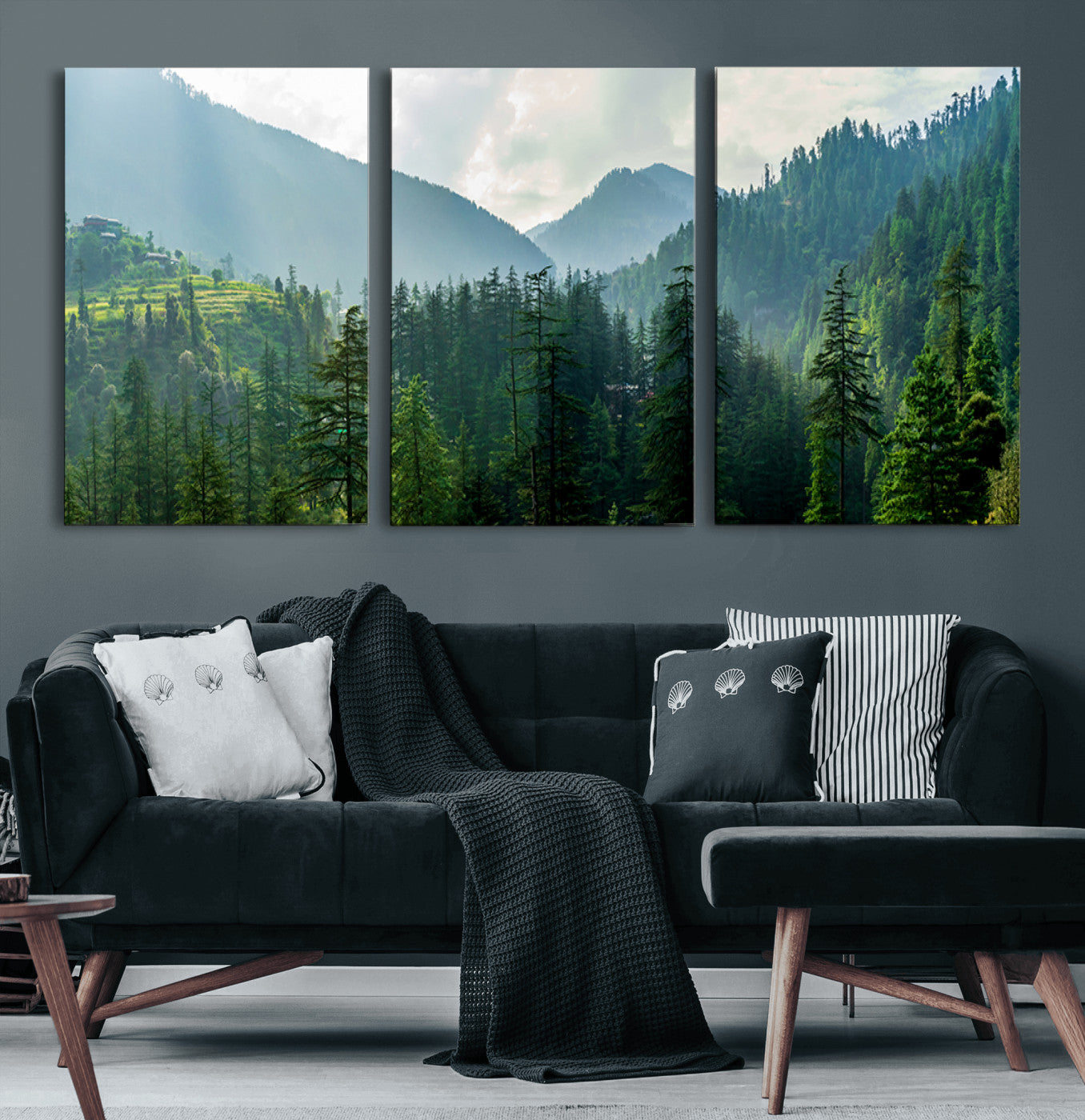 MGV-CV-60X30-3P - Misty Forest Mountain Canvas Print – Serene Nature Wall Art, Tranquil Valley