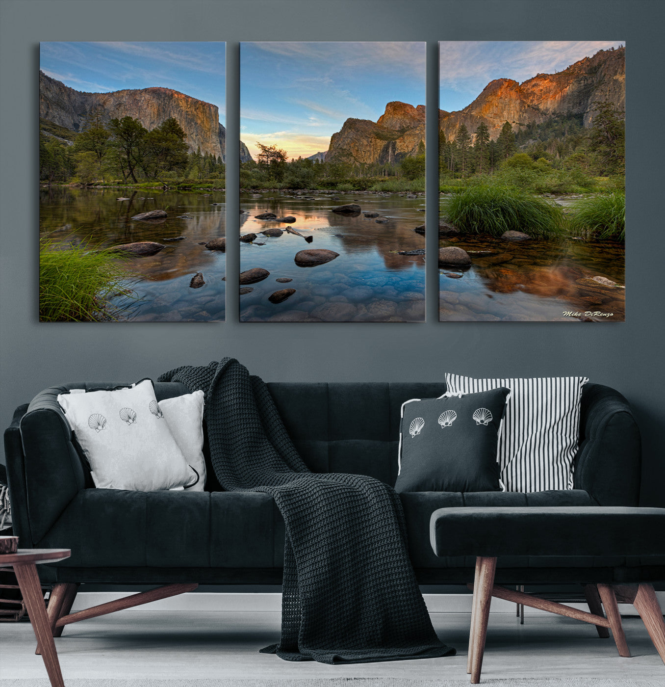 Canvas of Yosemite Valley with El Capitan and sunset reflections in a calm river, perfect for rustic or nature-themed décor.