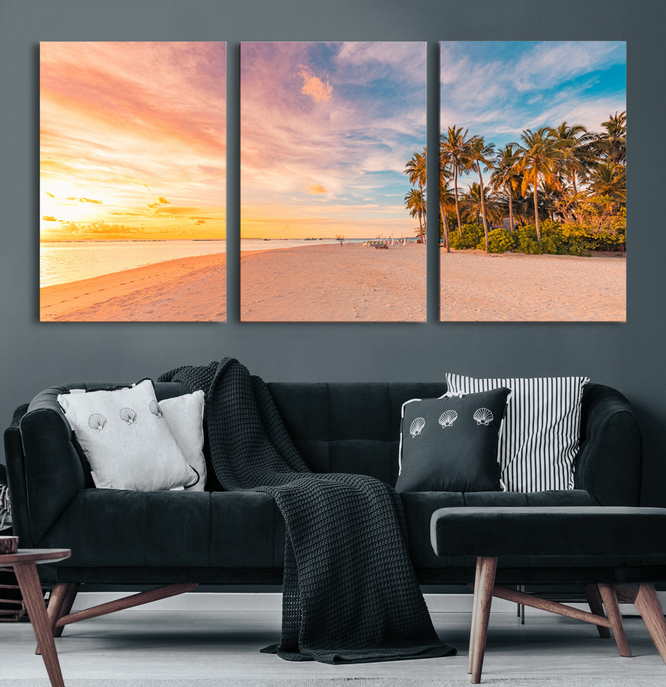 Tropical beach canvas with palm trees and soft sunset tones, ideal for coastal or beach-style home décor in warm pastel hues.