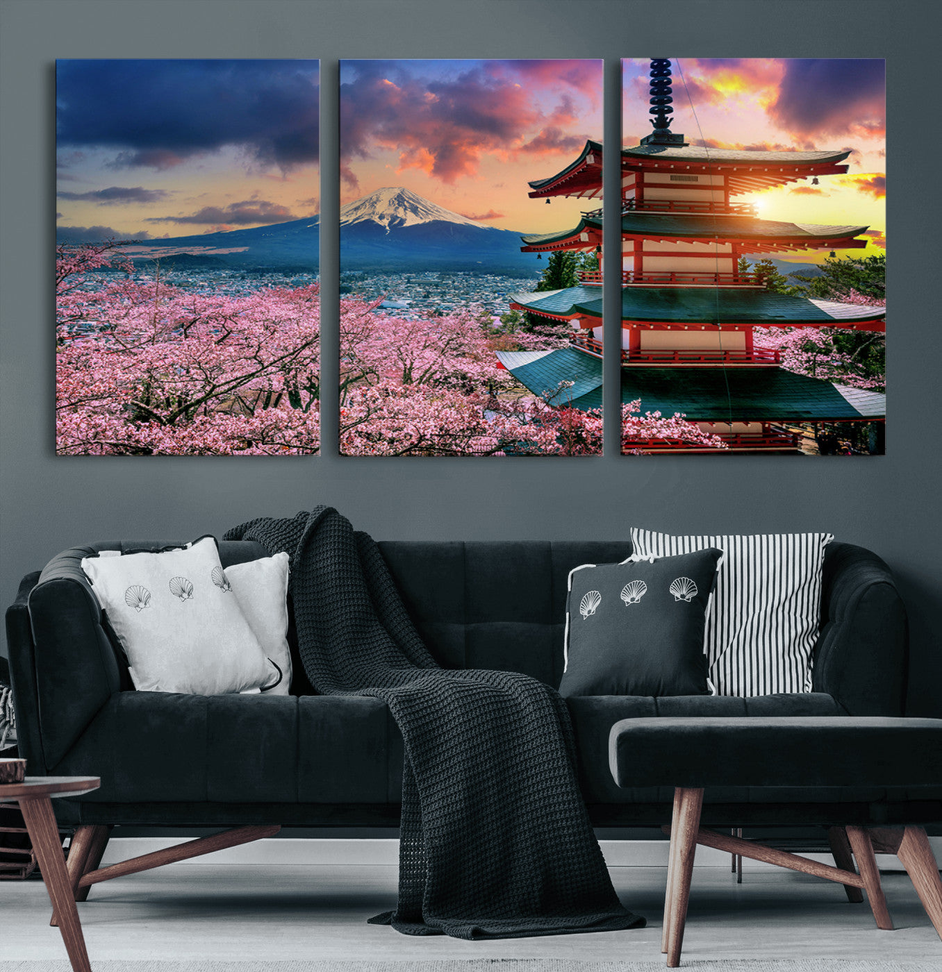 MGV-CV-60X30-3P - Mount Fuji & Cherry Blossom Wall Art Canvas Print – Iconic Japanese Landscape, Sakura Pagoda Sunset,