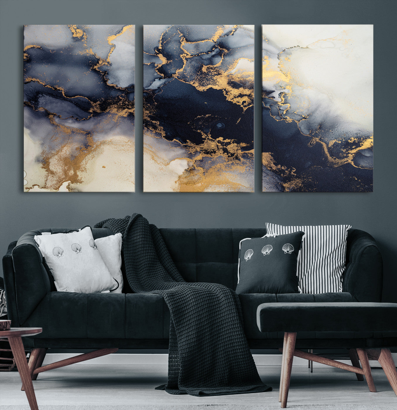 Luxurious abstract canvas in black and gold with moody fluid textures and smoky patterns, perfect for dramatic modern interiors.