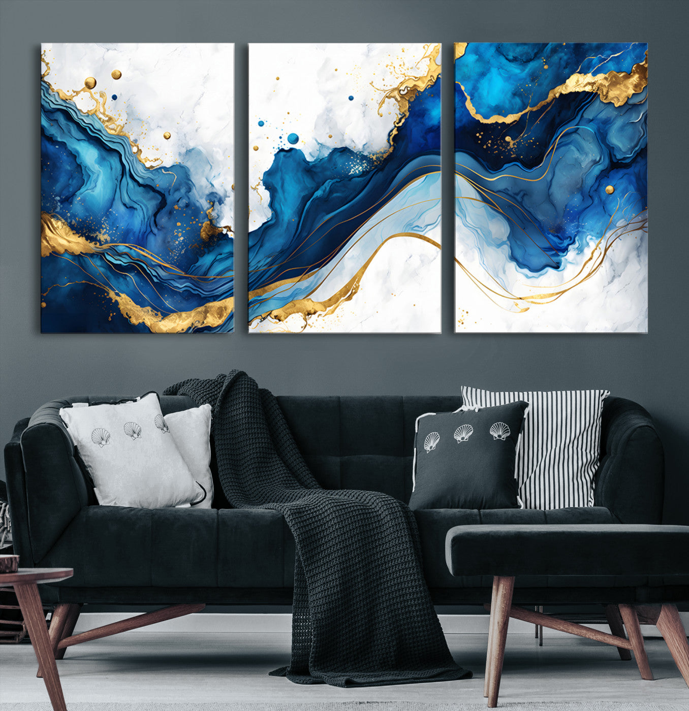 Elegant abstract canvas in cobalt blue and gold tones, featuring marble waves and fluid motion, ideal for luxe interior styling.