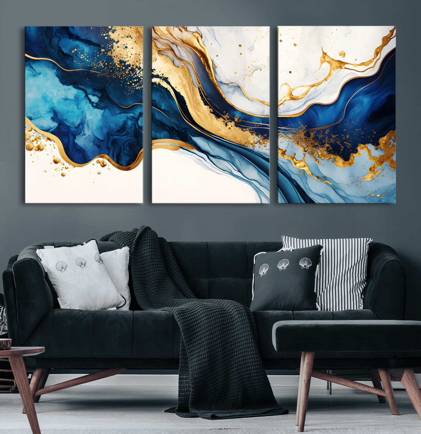 Canvas artwork with fluid blue and gold marbling, perfect for modern luxe or elegant abstract home decor styles.