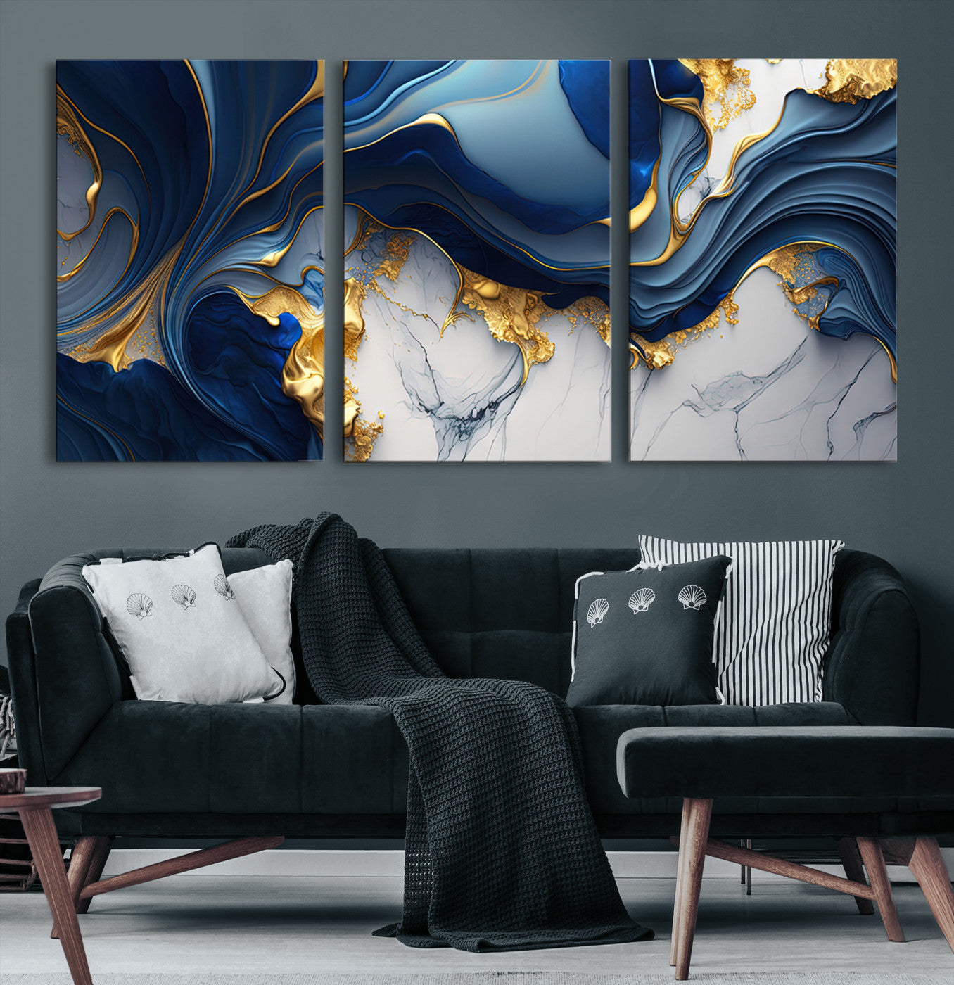 Canvas art with swirling blue marble and gold textures, ideal for elegant glam or modern luxury interior design settings.