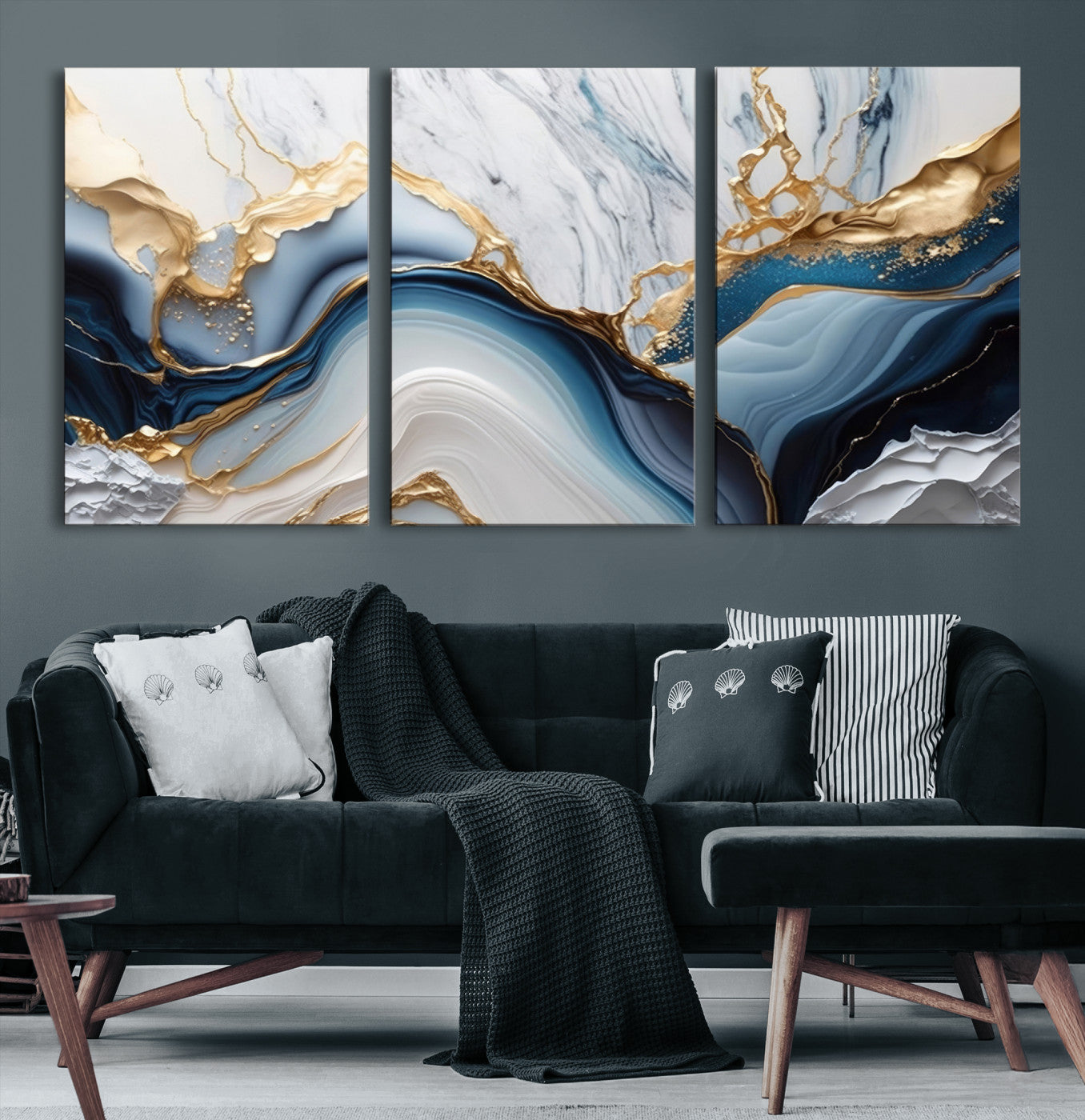Abstract canvas with blue marble textures and flowing gold veins, ideal for modern luxury or coastal-inspired interior decor.