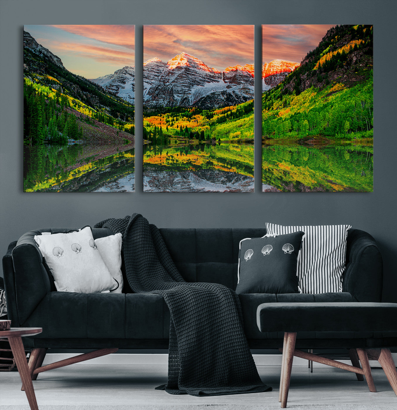 59533484-MGV-CV-48X32-3P-Wall Art Canvas Print – Sunset Glow Mountain Peaks Vibrant Green Forest Reflective Lake Calm Waters for Home, Office