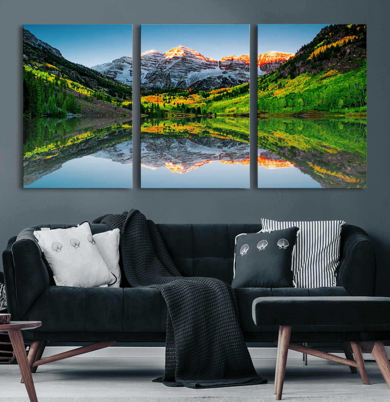 17996974-MGV-CV-48X32-3P-Majestic Snow-Capped Peaks Wall Art Canvas Print, Vibrant Autumn Forest and Crystal Lake View for Home, Office