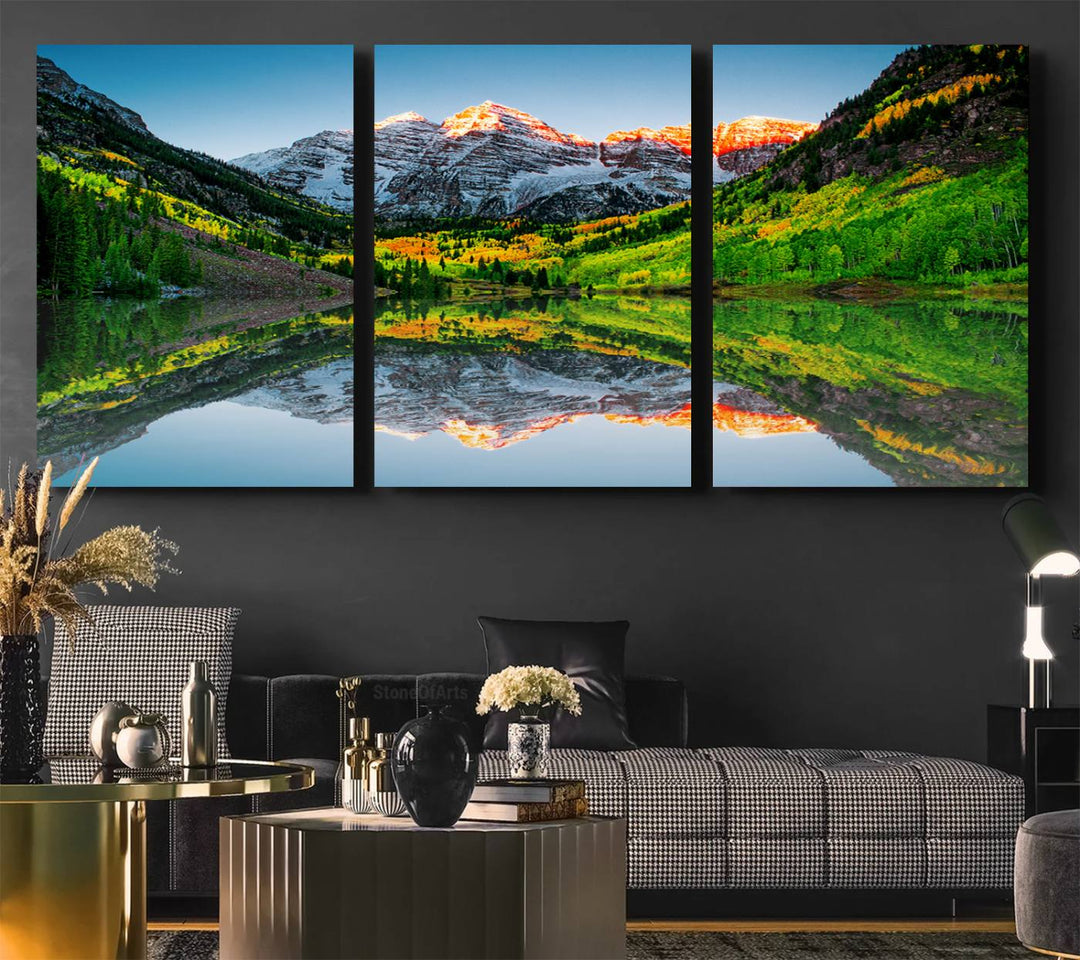 The Sunrise Maroon Bells Lake Wall Art Print beautifully captures North Maroon Peak mirrored in the tranquil lake, framed by lush greenery.