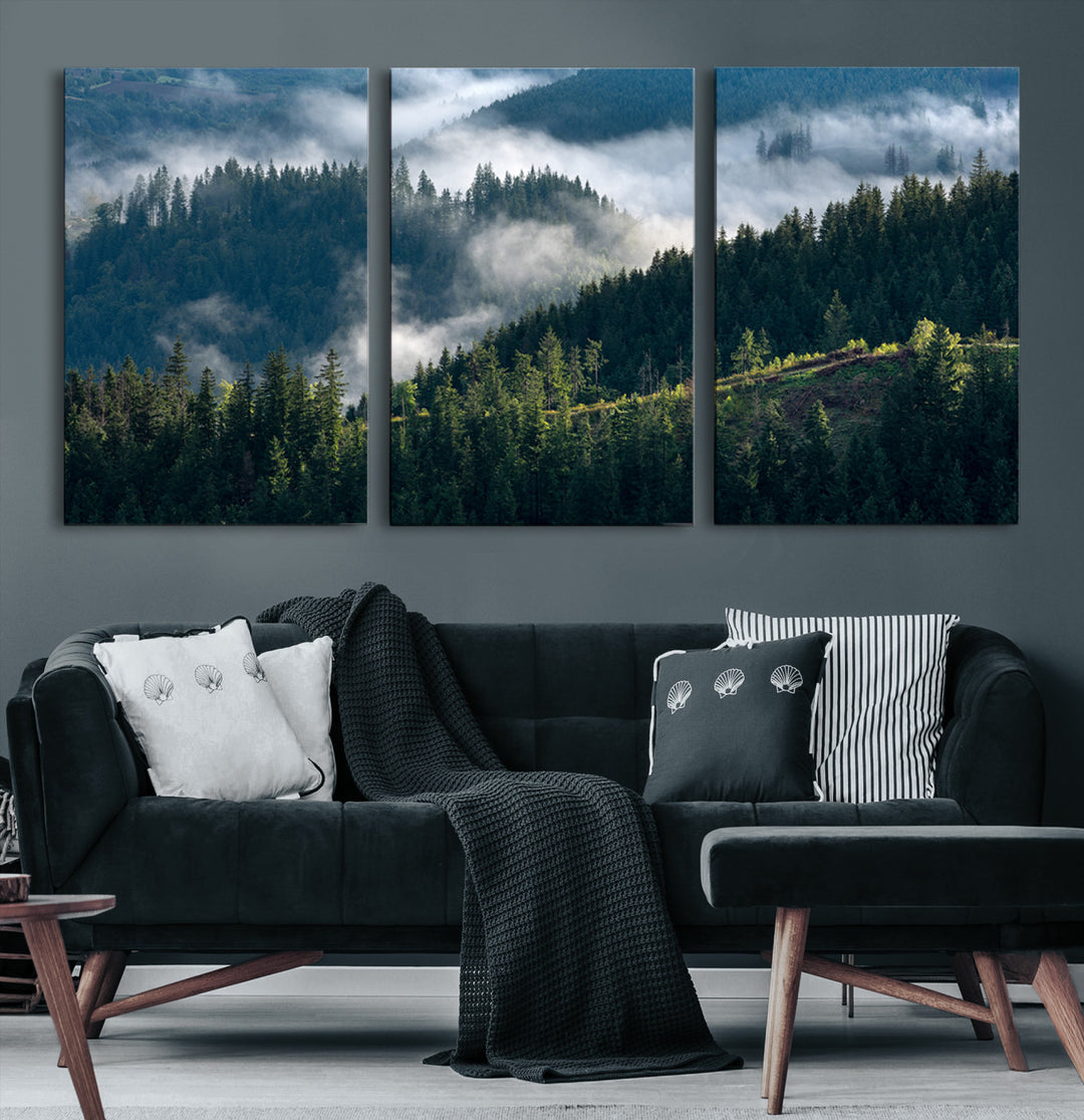 Moody canvas of misty pine forests over layered hills, perfect for cool-toned nature-inspired or woodland-style home decor.