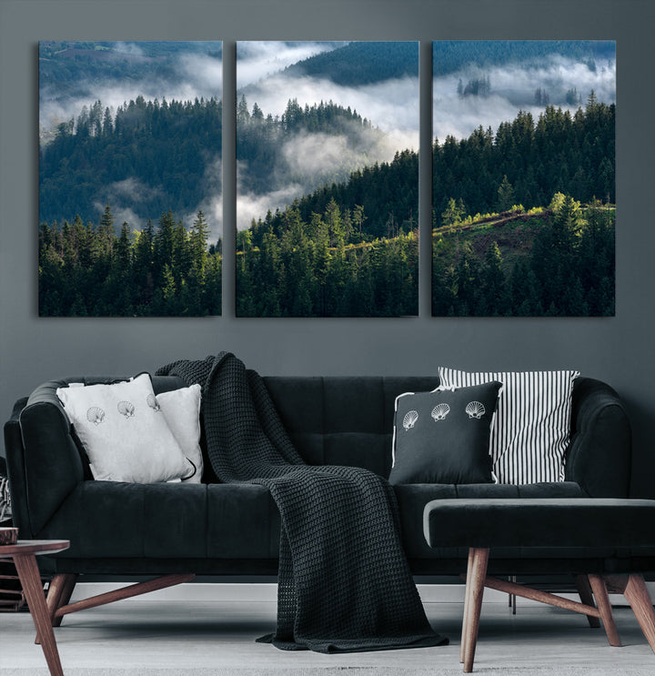 Moody canvas of misty pine forests over layered hills, perfect for cool-toned nature-inspired or woodland-style home decor.