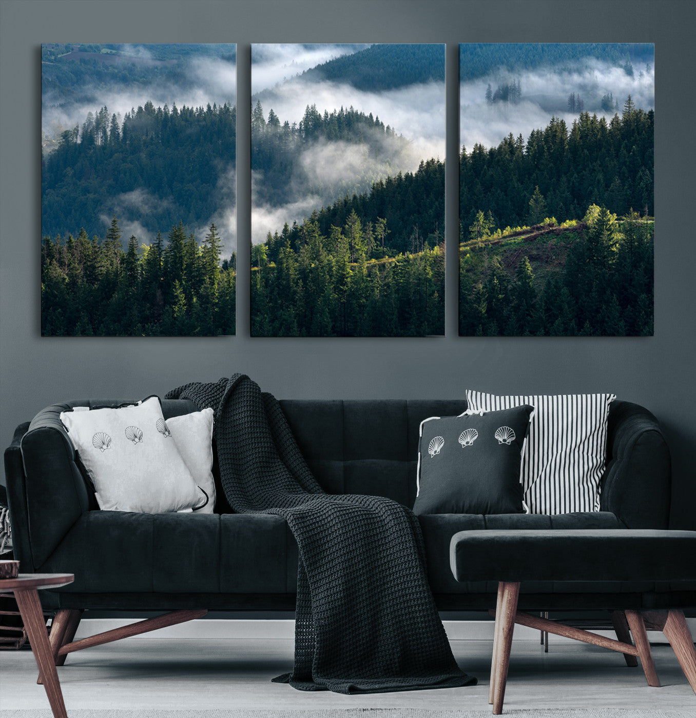 84598503-MGV-CV-48X32-3P-Misty Forest Wall Art Canvas Print, Serene Pine Hills and Moody Woodland Landscape Artwork for Home, Office