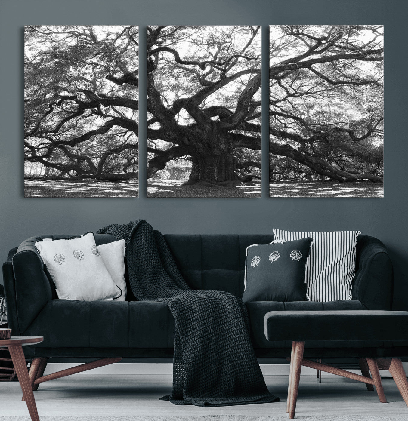 81655611-MGV-CV-60X30-3P-Ancient Oak Wall Art Canvas Print – Gnarled Tree Twisted Branches Dramatic Sky Moody Nature Artwork for Home Office