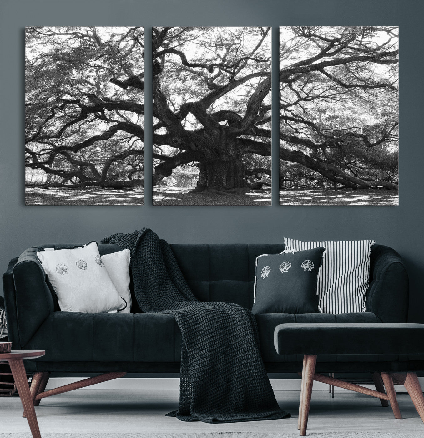 Black and white canvas of an ancient oak tree with sprawling, twisted branches, ideal for moody nature-inspired or rustic decor.
