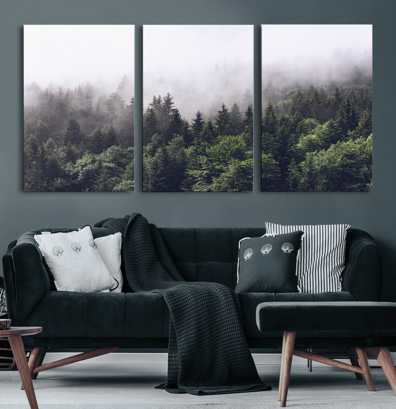 Canvas of dense misty forest in dark green tones, ideal for moody forest or atmospheric woodland-themed home decor.