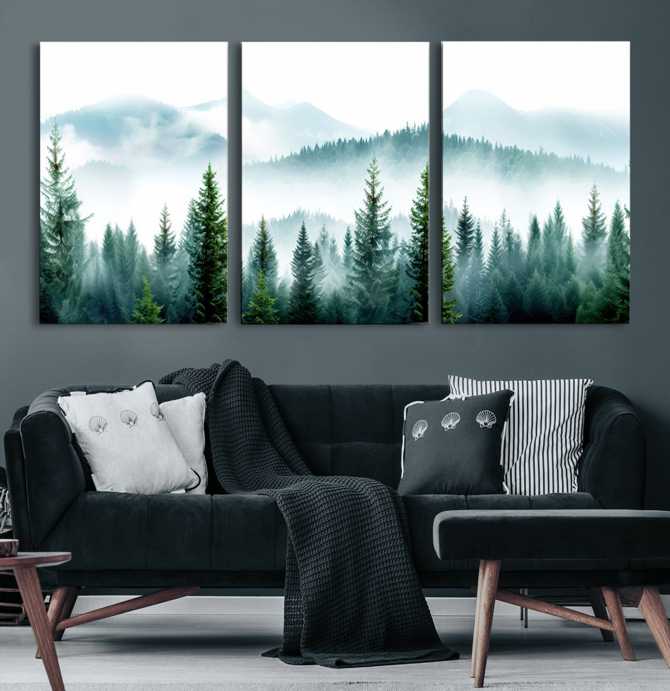 16716676-MGV-CV-36X24-Pine Forest Wall Art Canvas Print – Misty Mountains Foggy Trees Serene Woodland Landscape Artwork for Home Office
