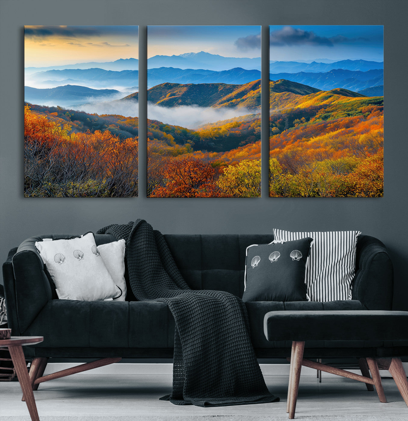 86772247-MGV-CV-36X24-Autumn Mountains Wall Art Canvas Print – Foggy Peaks Colorful Foliage Serene Landscape Nature Artwork for Home Office