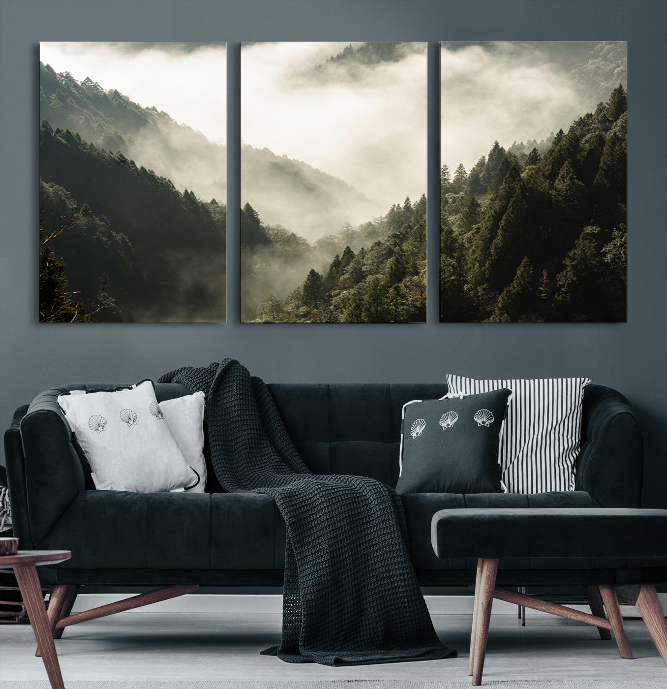Canvas showing a misty pine forest valley with layered green hills and soft fog, perfect for moody or nature-themed decor styles.