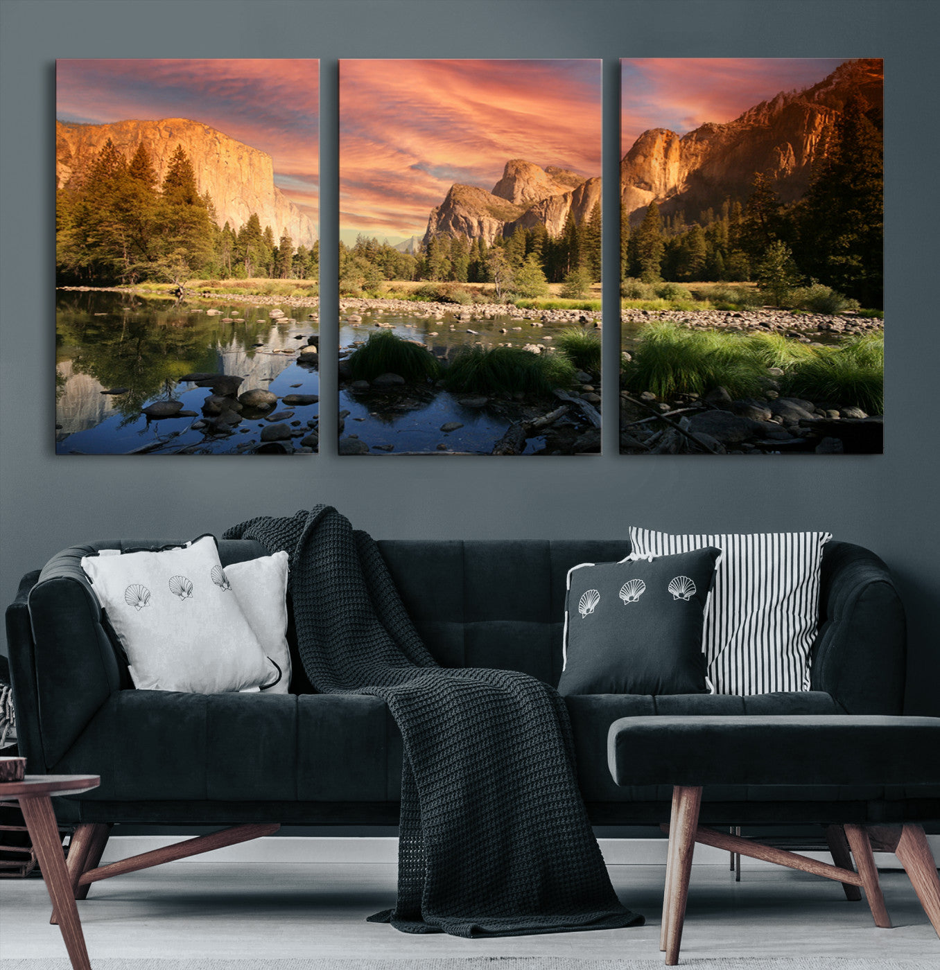 Canvas of Yosemite Valley with El Capitan and sunset sky, featuring vibrant tones ideal for rustic or nature-inspired home decor.