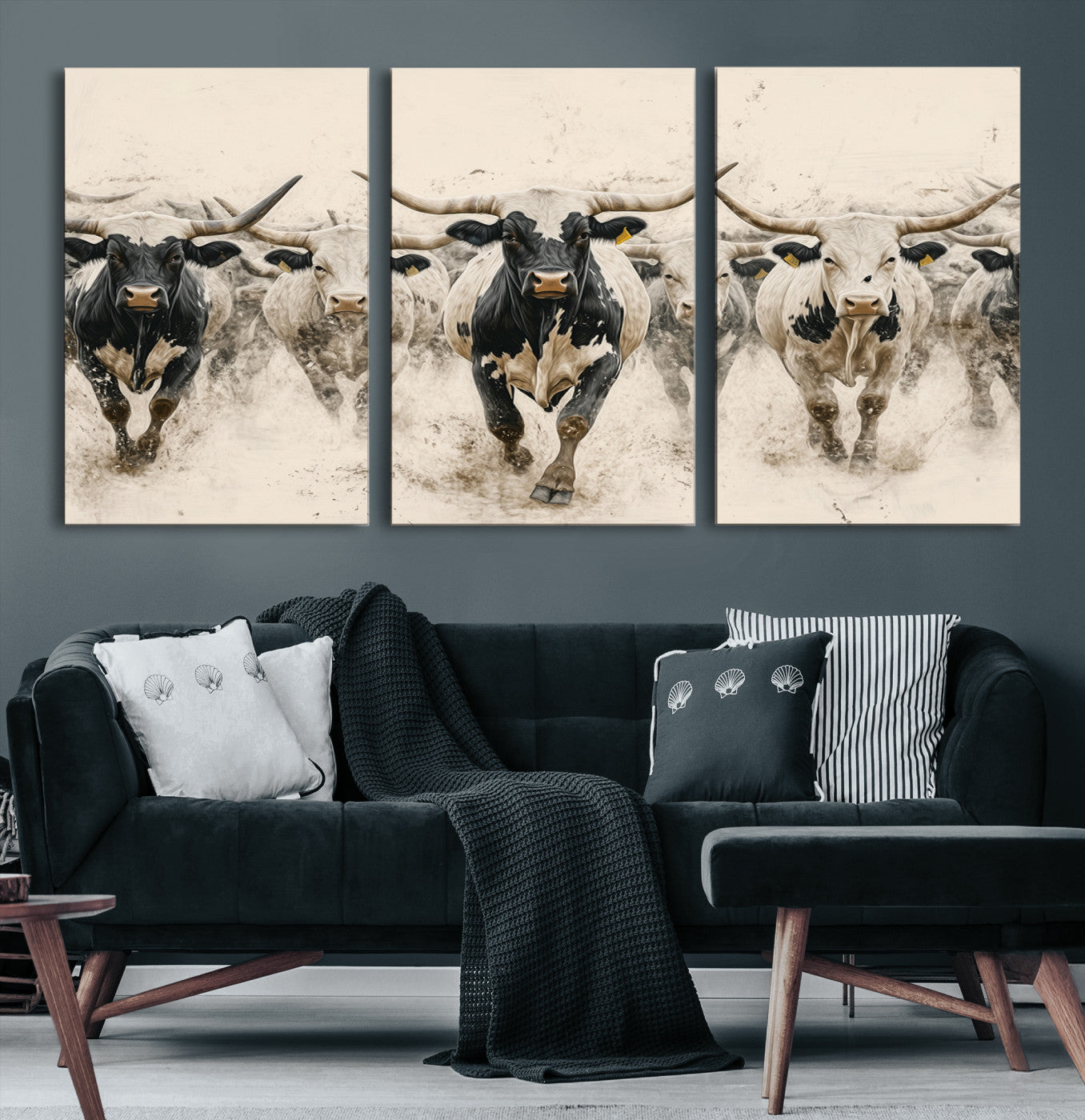 Canvas artwork of Texas Longhorn bulls walking in a dusty herd, ideal for rustic Western or country-style interior decor.