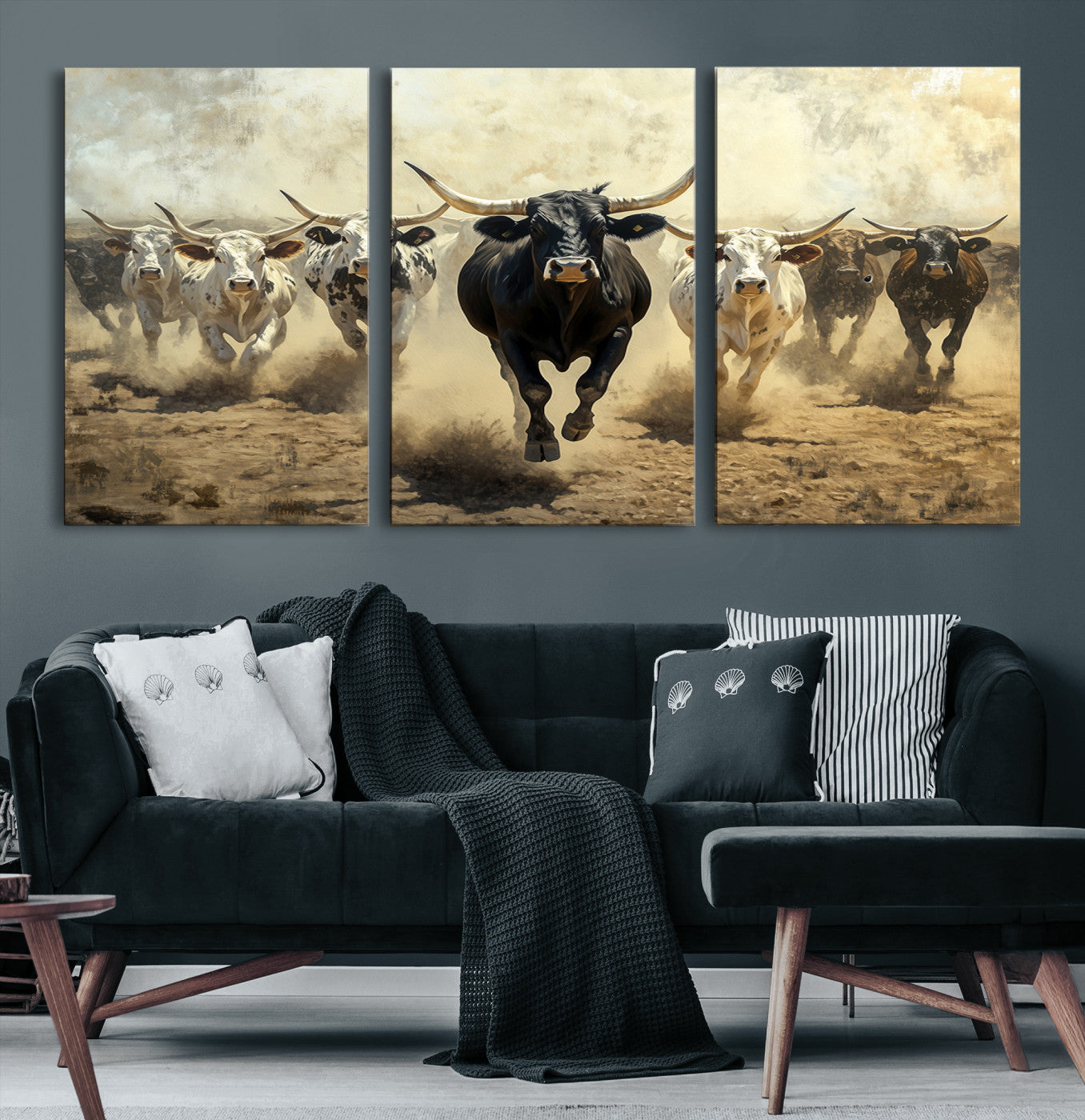 Dynamic canvas showing a Texas Longhorn stampede with earthy tones and bold movement, perfect for rustic or Western-style interiors.