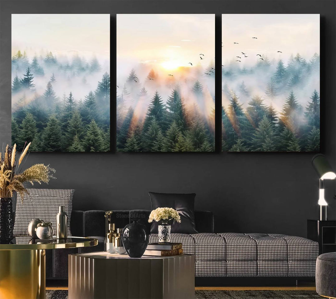 Misty Pine Forest Wall Art: A depiction of sunrise over foggy trees and birds against a bright sky; a framed woodland scene ideal for home or office decor.